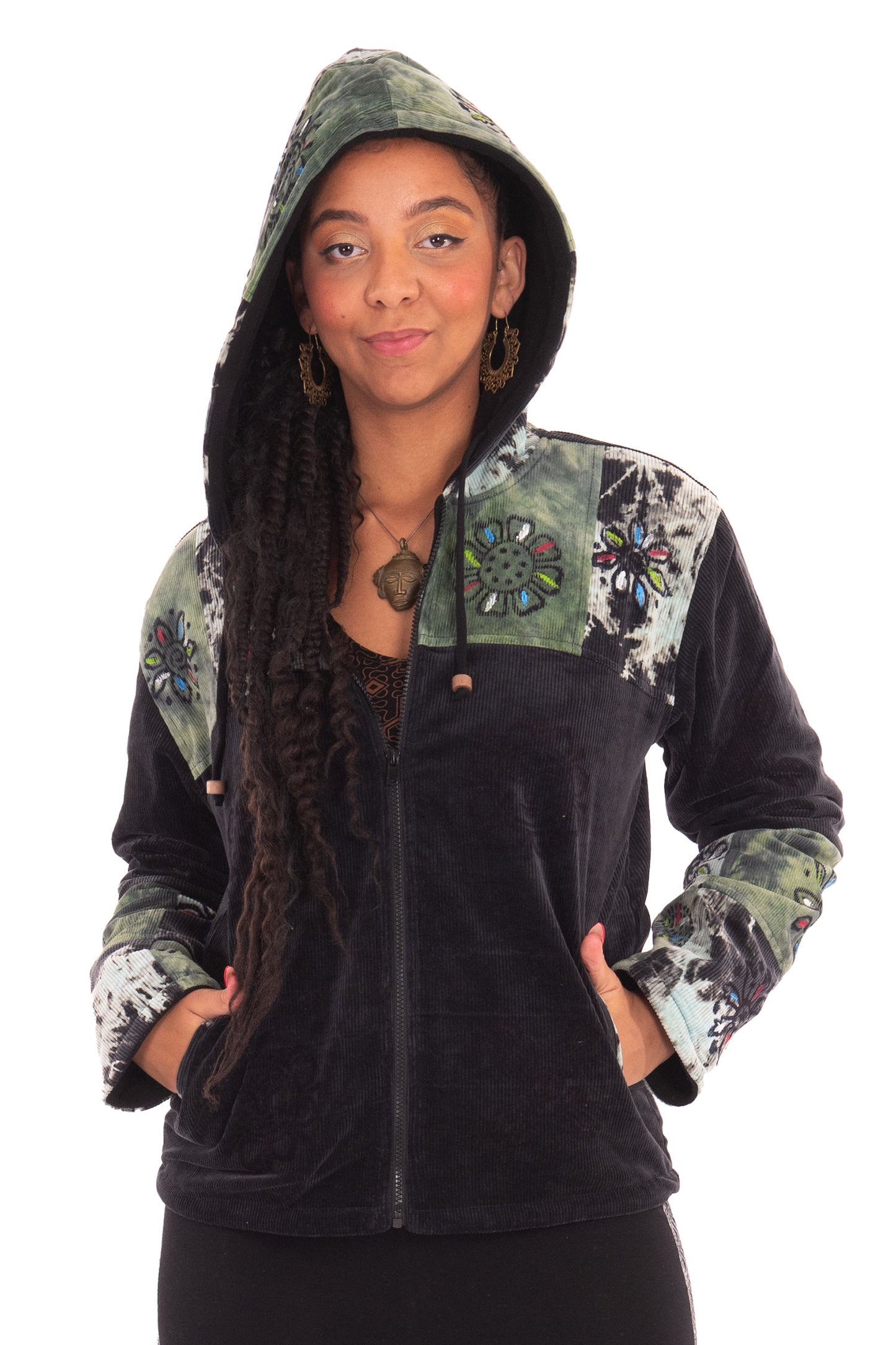 Unisex Corduroy Tie-Dye Block-Printed Jacket – Boho Festival Hoodie