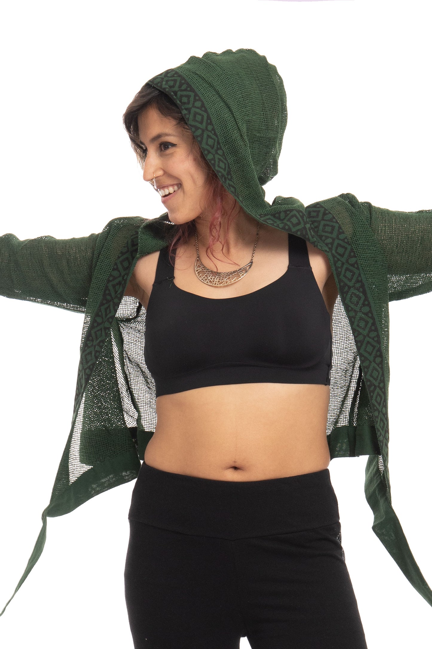 Boho Hand Block Print Wrap Hoodie for Spiritual Woman with Sheer Weave