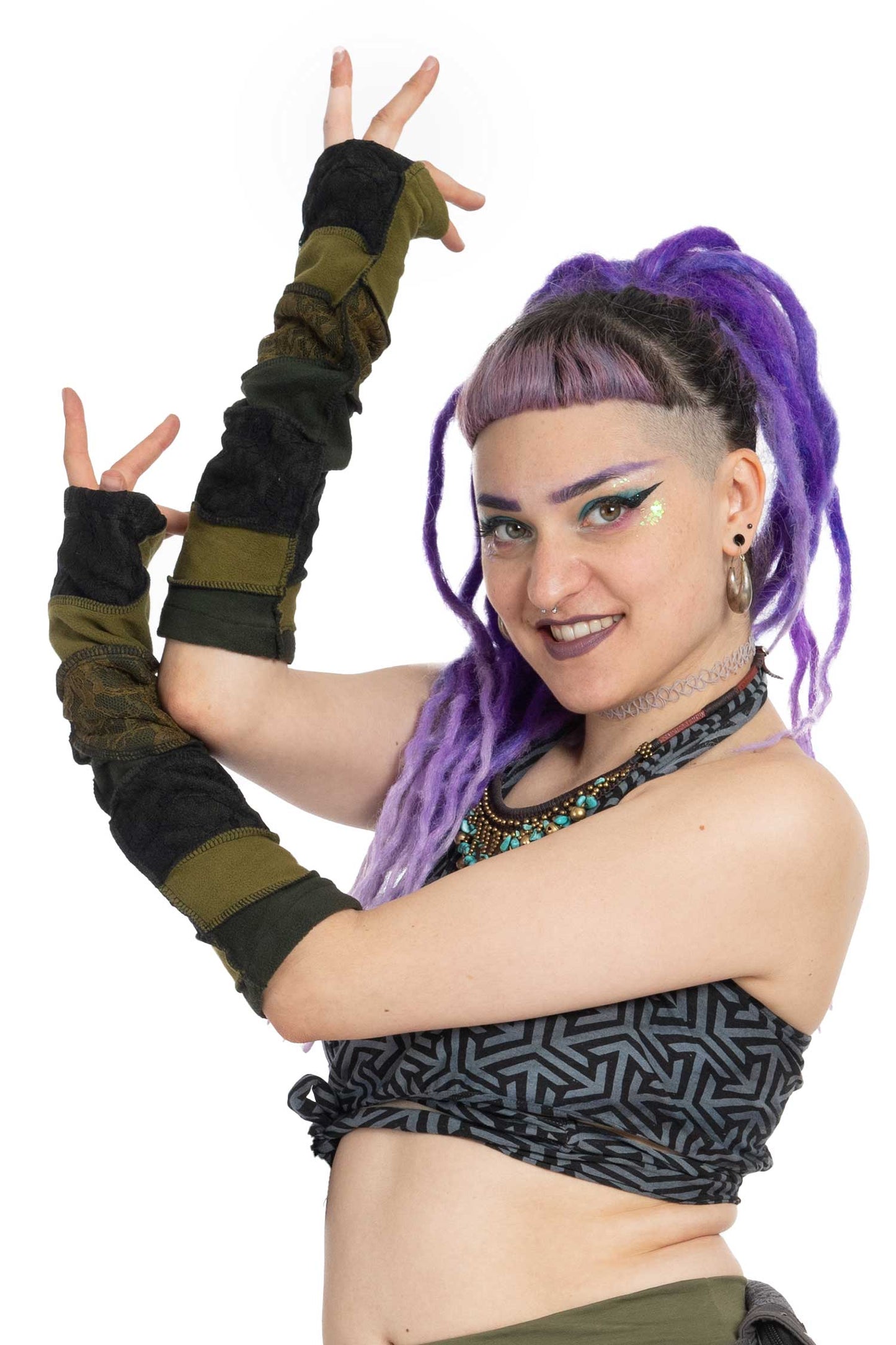 Hippy Patchwork Arm Warmers, Fleece Punk Emo Armwarmers - Feisty Armwarmers (AS7039) by Altshop UK