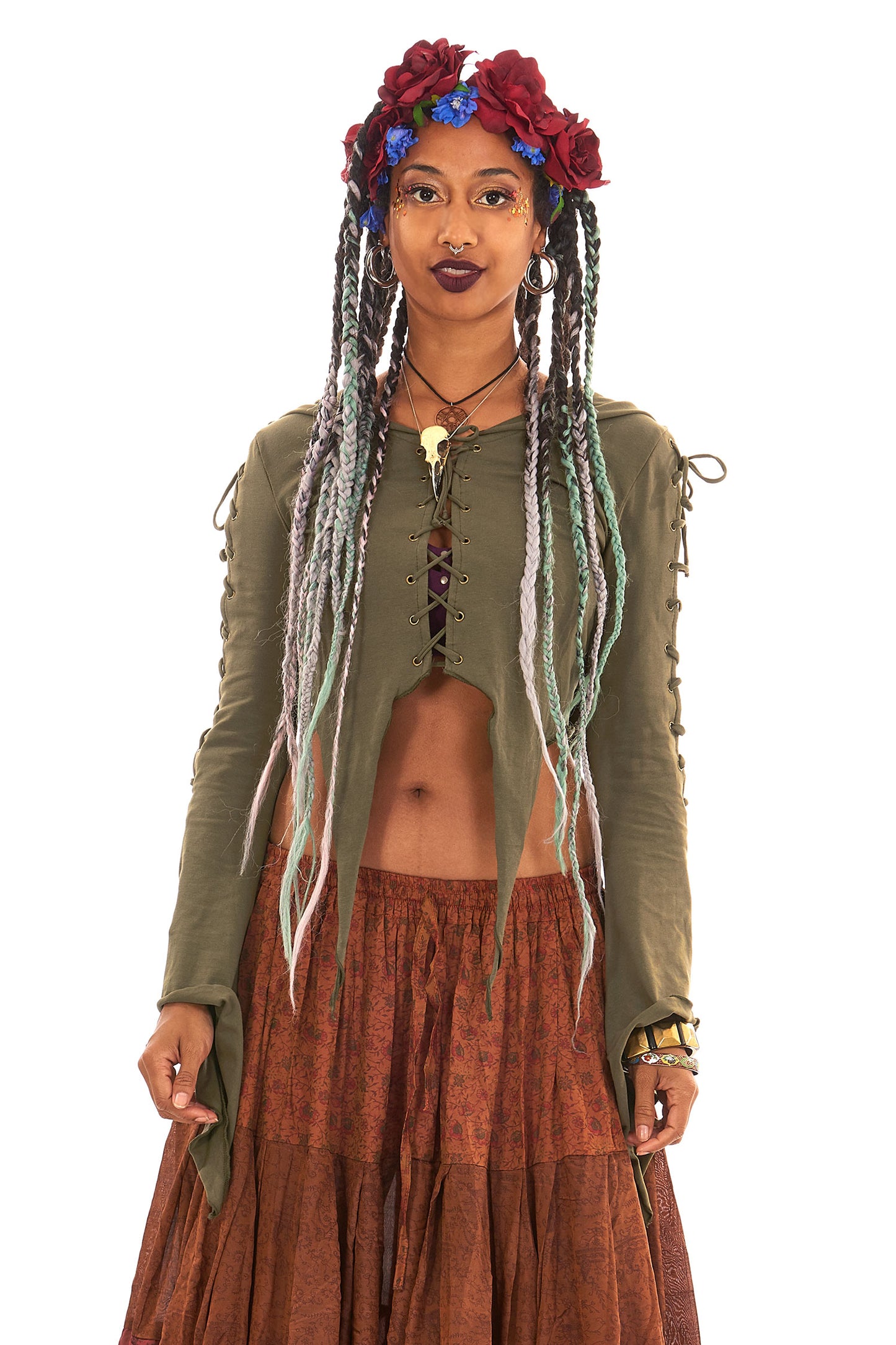 Lace-Up Angel Sleeve Pagan Pixie Crop Top