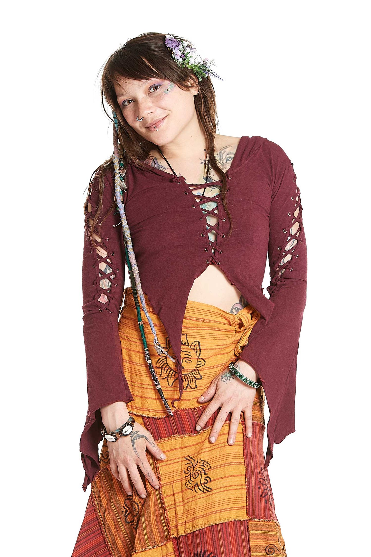 Lace-Up Angel Sleeve Pagan Pixie Crop Top