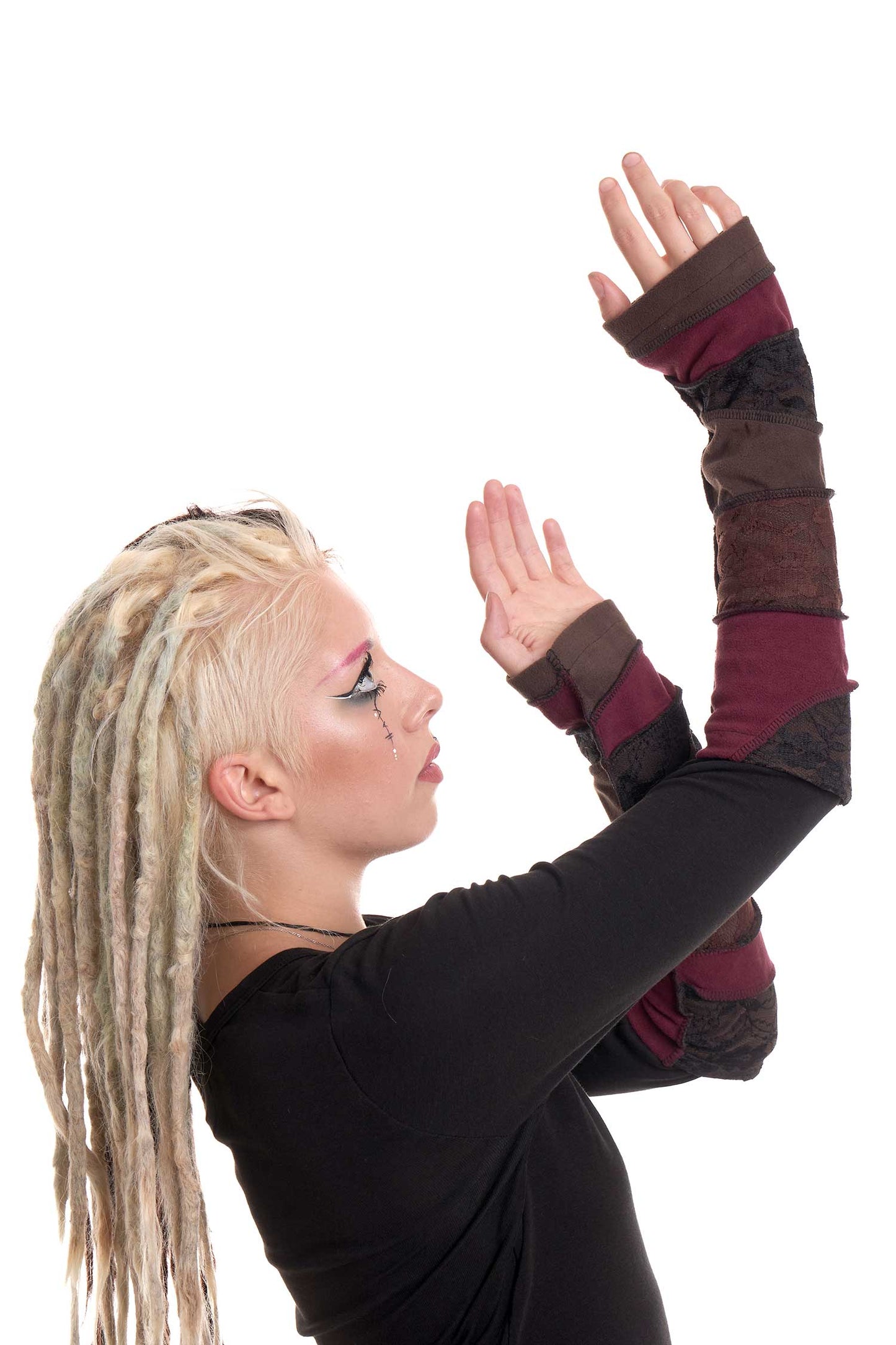Hippy Patchwork Arm Warmers, Fleece Punk Emo Armwarmers - Feisty Armwarmers (AS7039) by Altshop UK