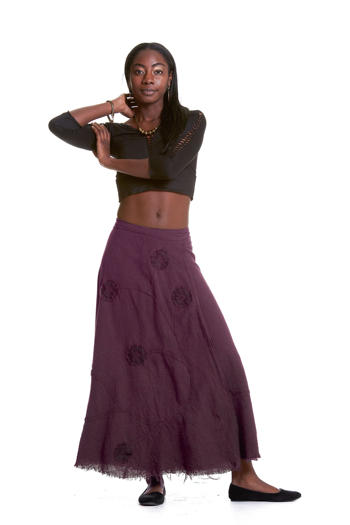 Long Jute Wrap Skirt with Applique Flowers