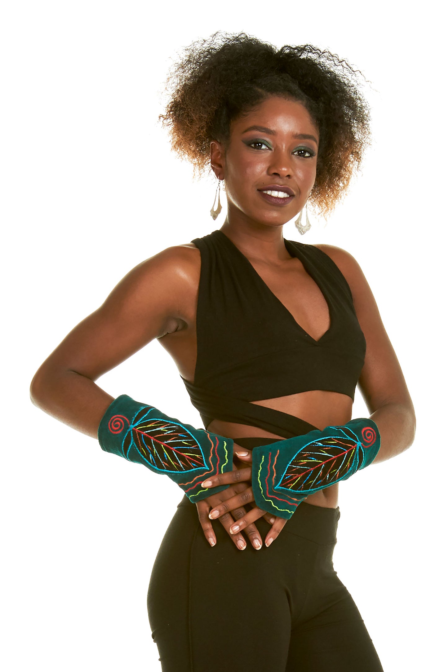 Feather Applique Velvet Armwarmers