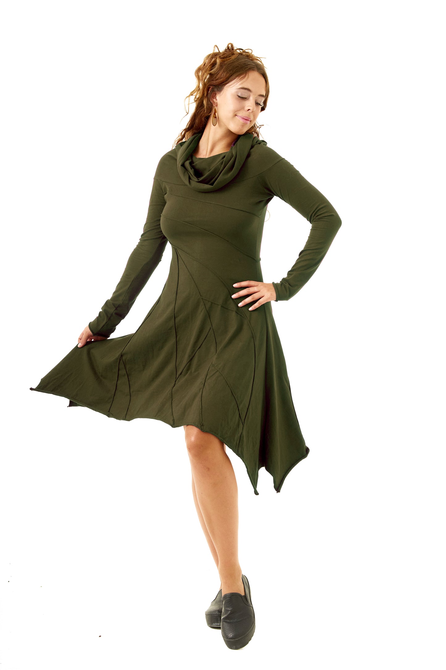 Long Sleeve Winter Leaf Dress With Hooded Cowl Neck