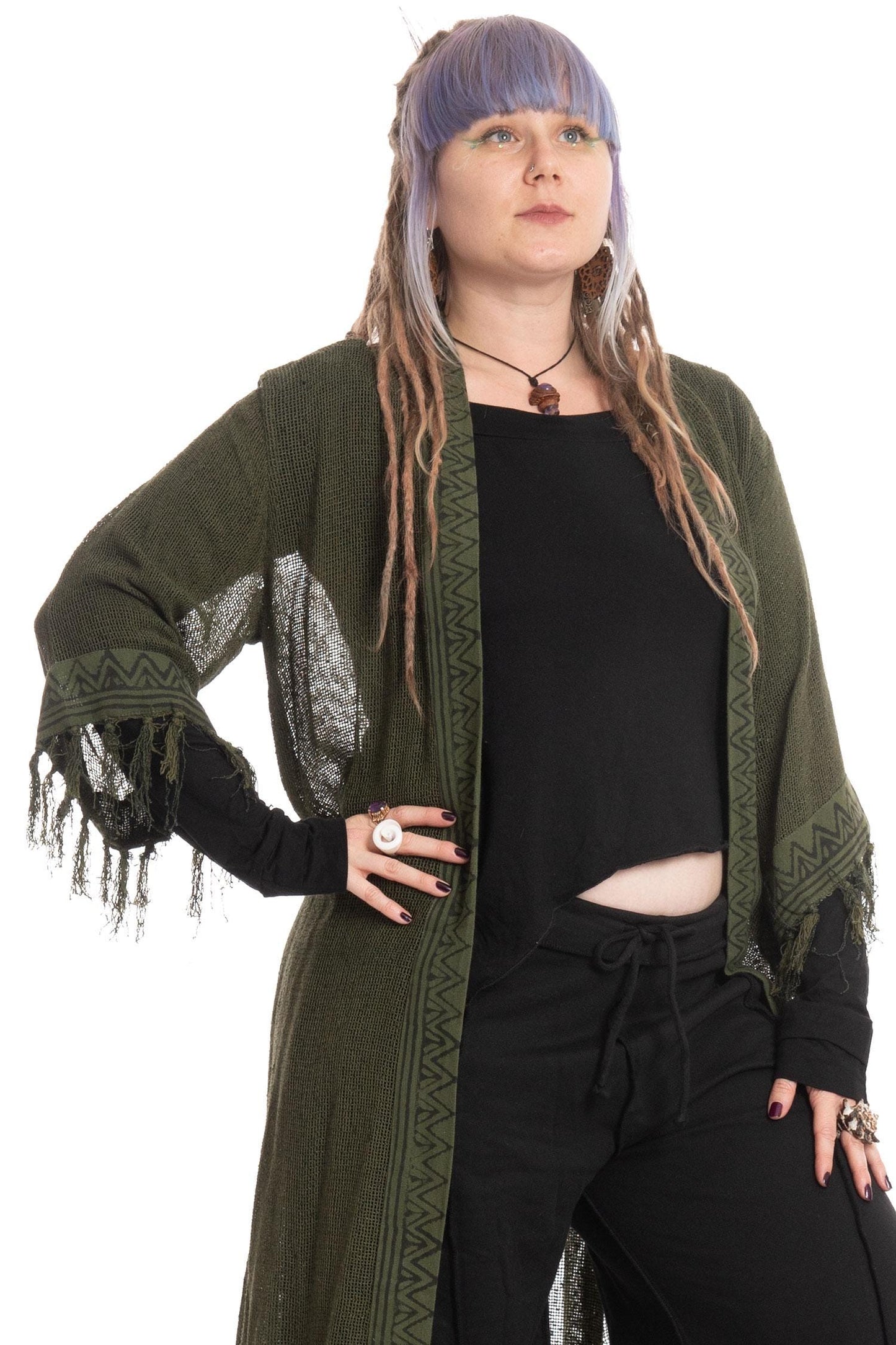 Sheer Hand Block Print Tribal Hippy Beach Kimono in Black for Boho Gothic Woman
