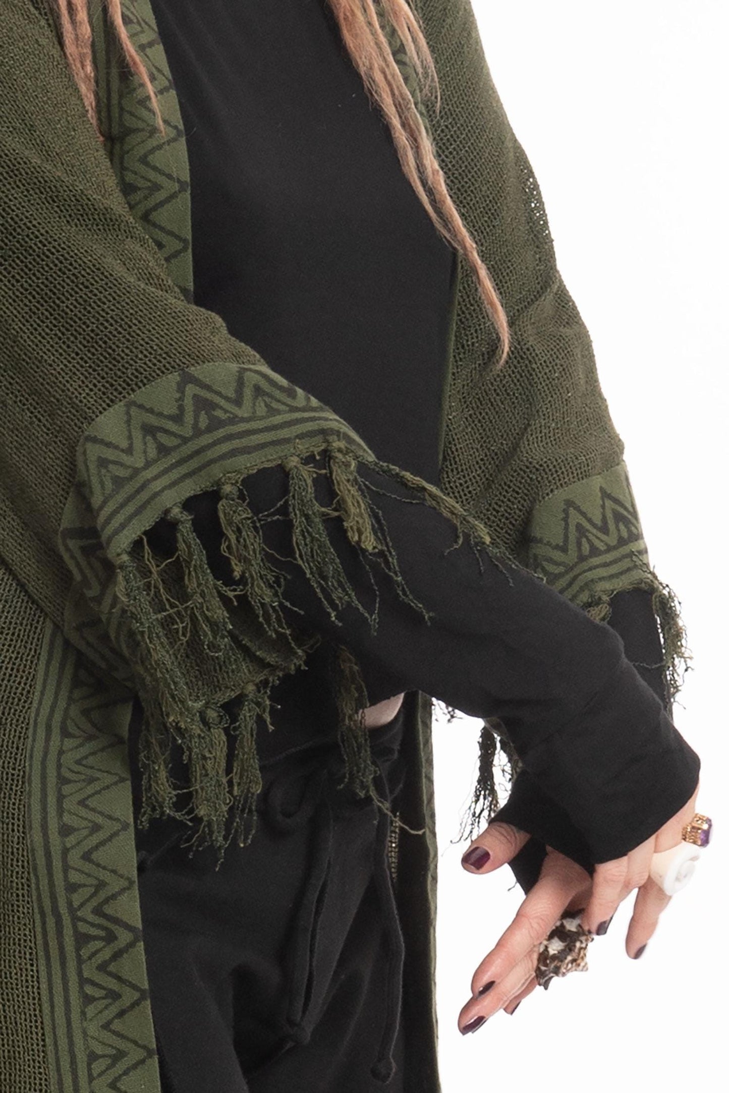 Sheer Hand Block Print Tribal Hippy Beach Kimono in Black for Boho Gothic Woman
