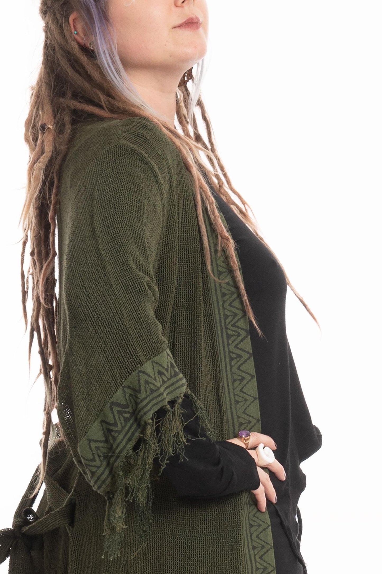 Sheer Hand Block Print Tribal Hippy Beach Kimono in Black for Boho Gothic Woman