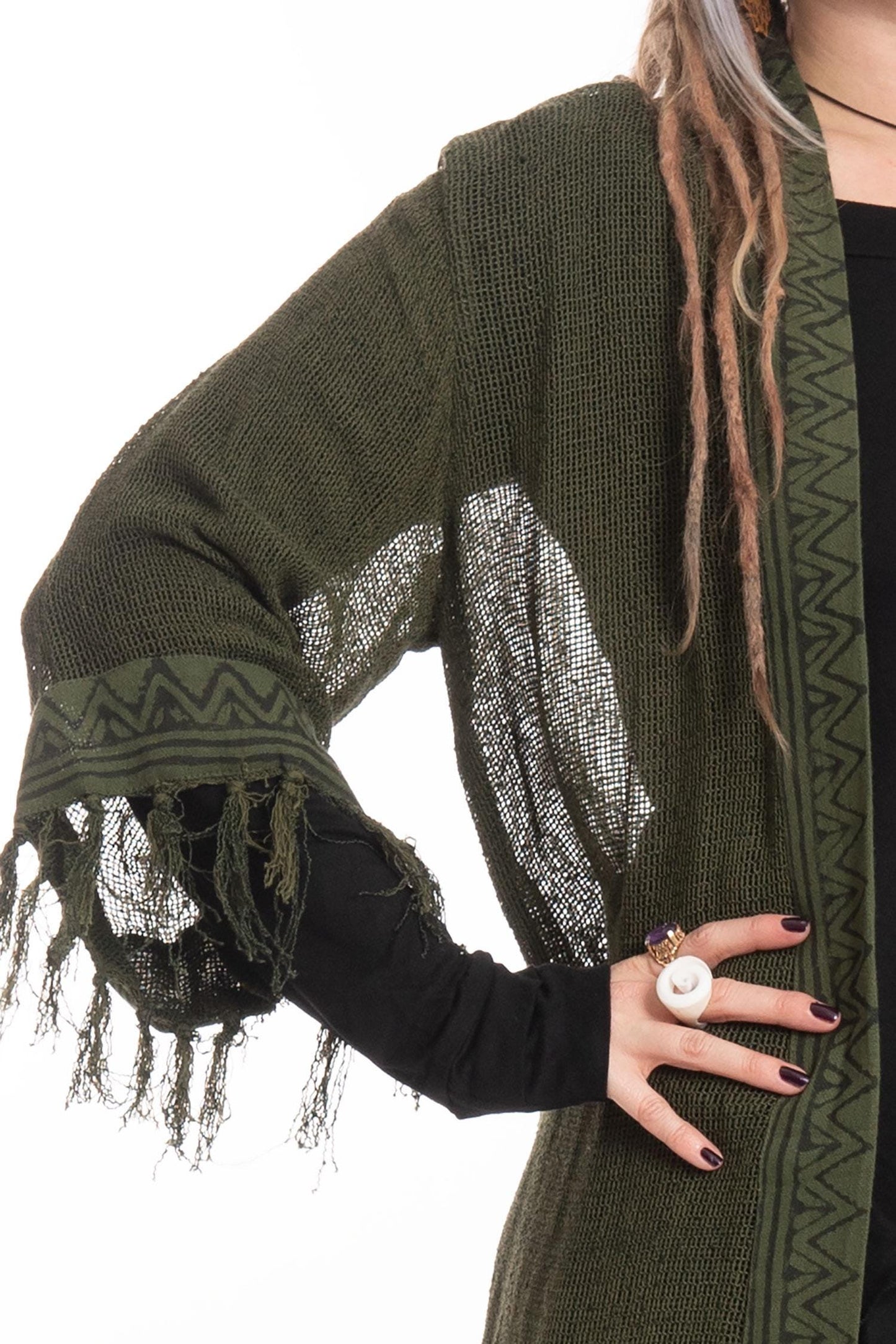 Sheer Hand Block Print Tribal Hippy Beach Kimono in Black for Boho Gothic Woman