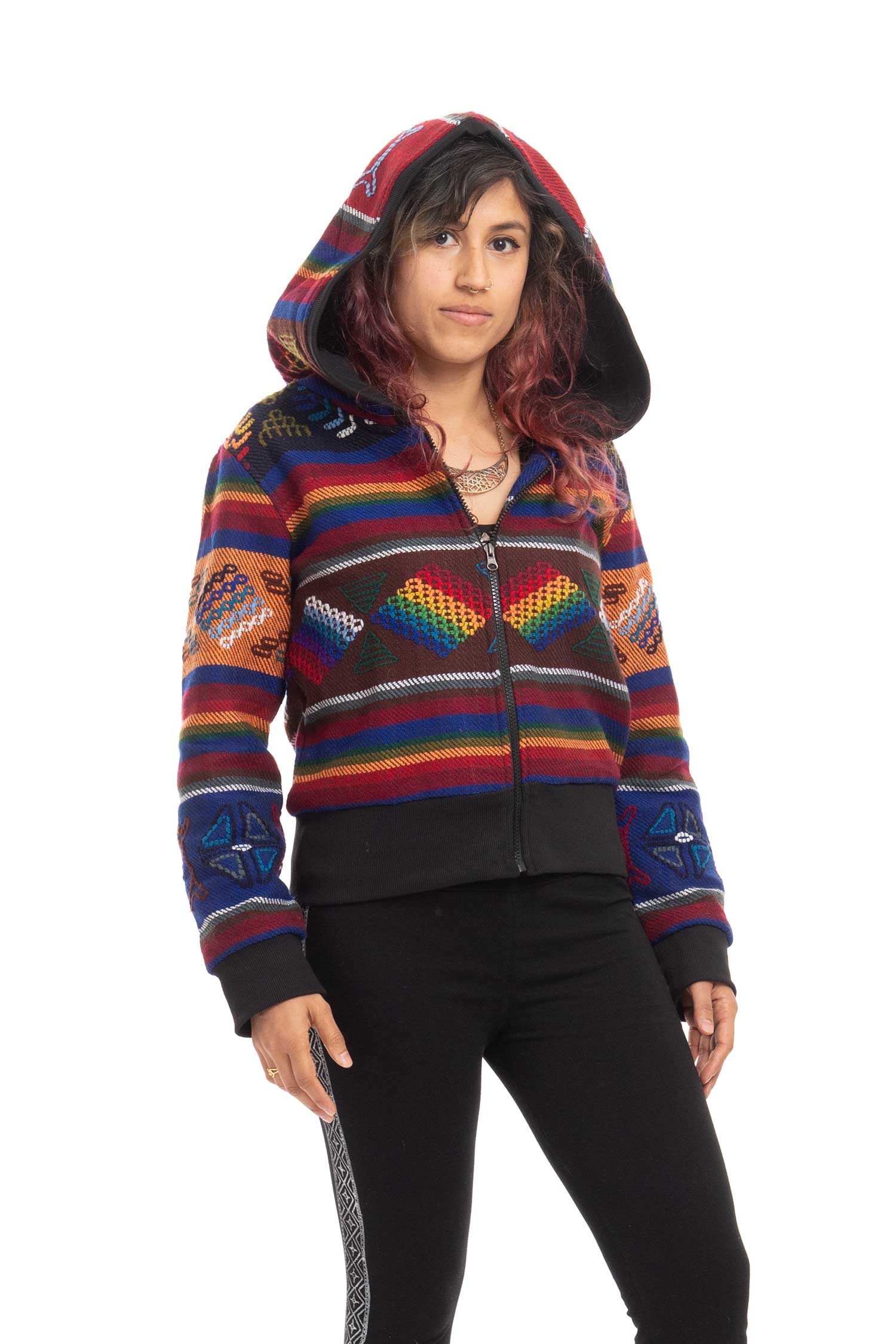Colourful Hand Stitched Tribal Festival Woollen Hoodie for Hippy Woman in B1 — available in sizes S, M, L