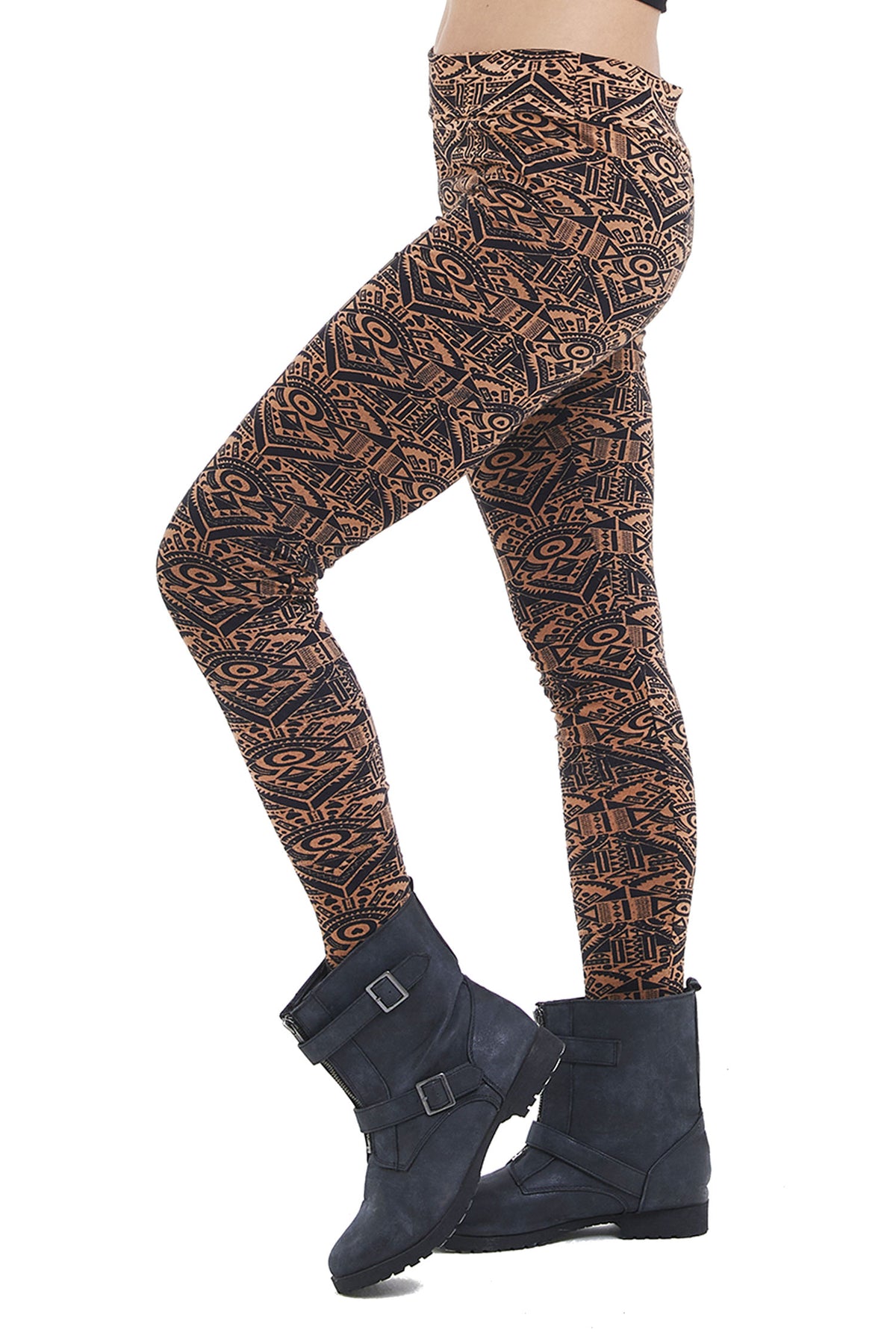 Geometric Psy Trance Leggings, Cotton Rich Tribal Boho Hippie Leggins in Beige — available in sizes S, M, L