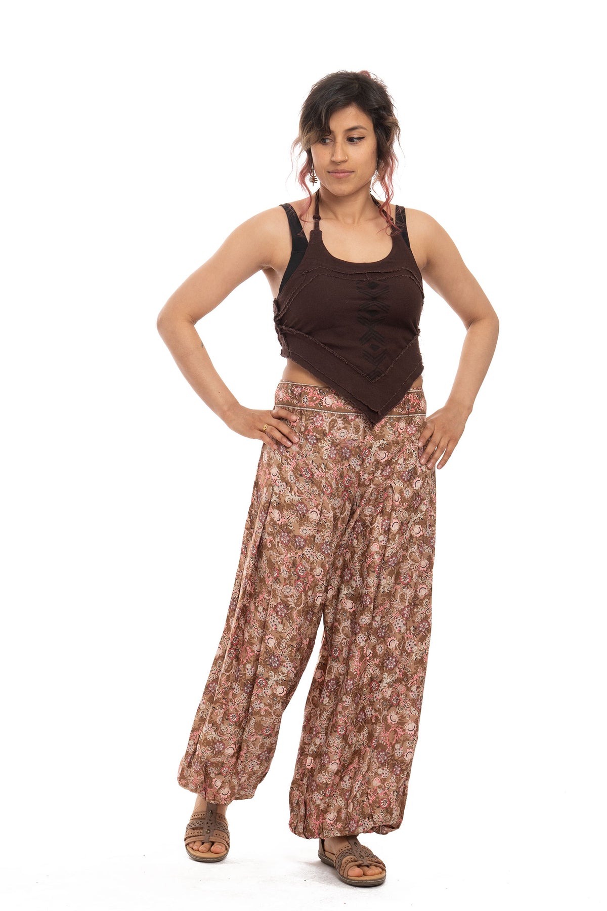 Bohemian Comfy Elasticted Waist Hippie Trousers in Beige — available in sizes S-M, M-L, 2XL