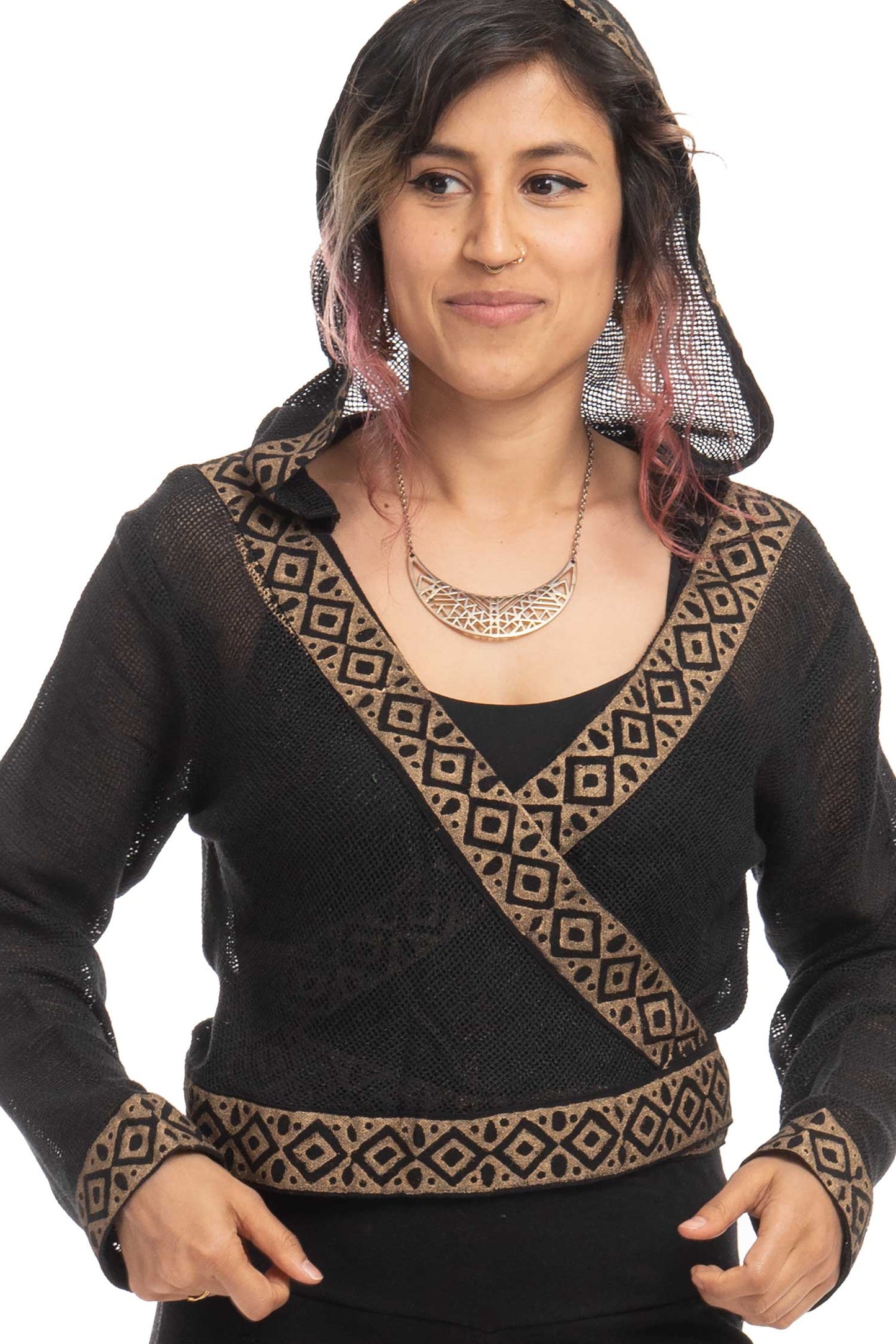 Boho Hand Block Print Wrap Hoodie for Spiritual Woman with Sheer Weave
