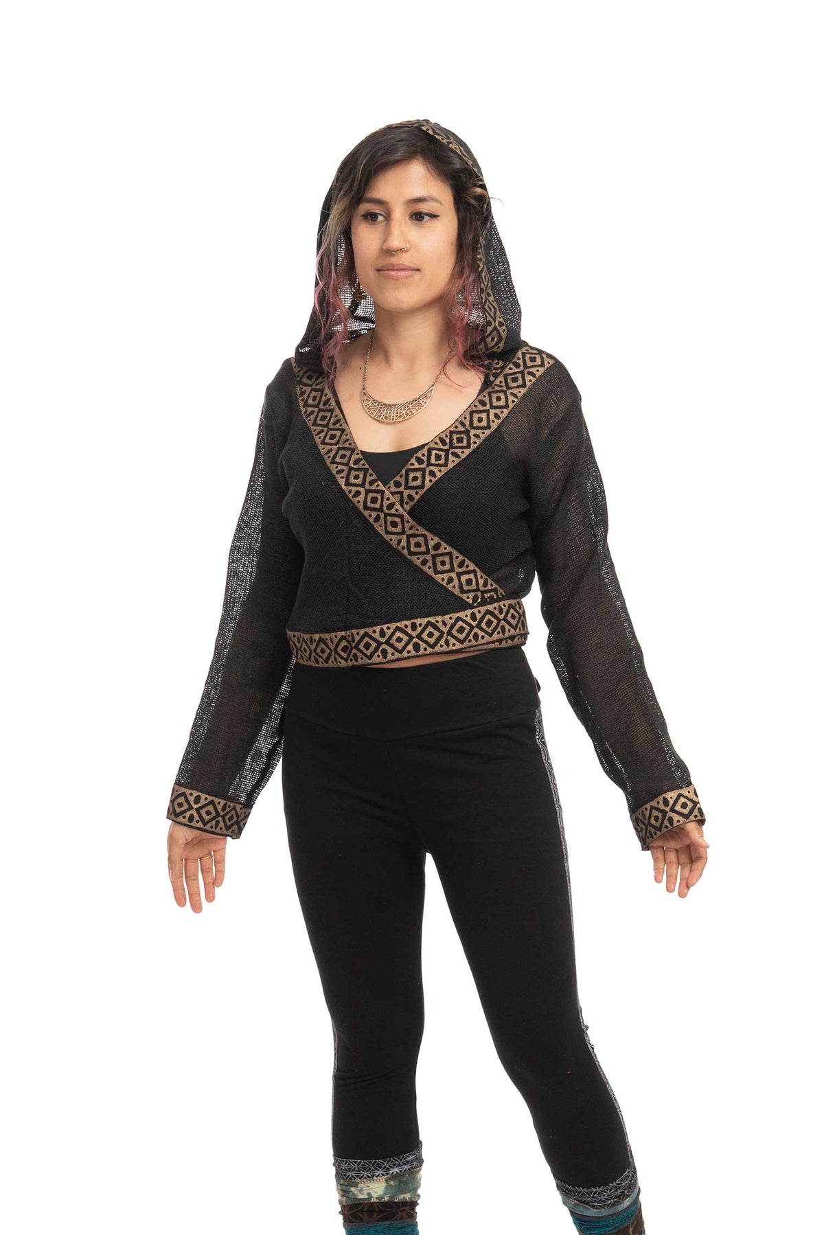 Tribal Wrap Top With Hood in Black