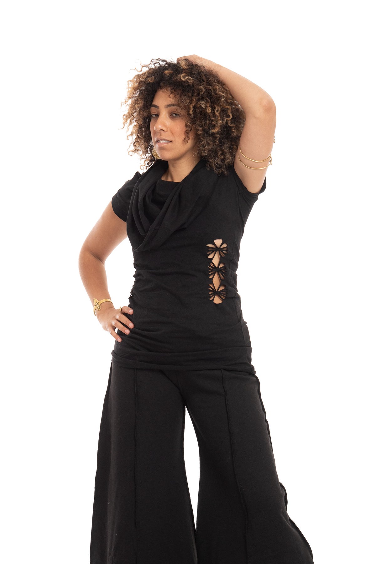 Ladies' Hooded Cotton Psy Trance Hippy Boho Festival Top in Black — available in sizes S-M, M-L