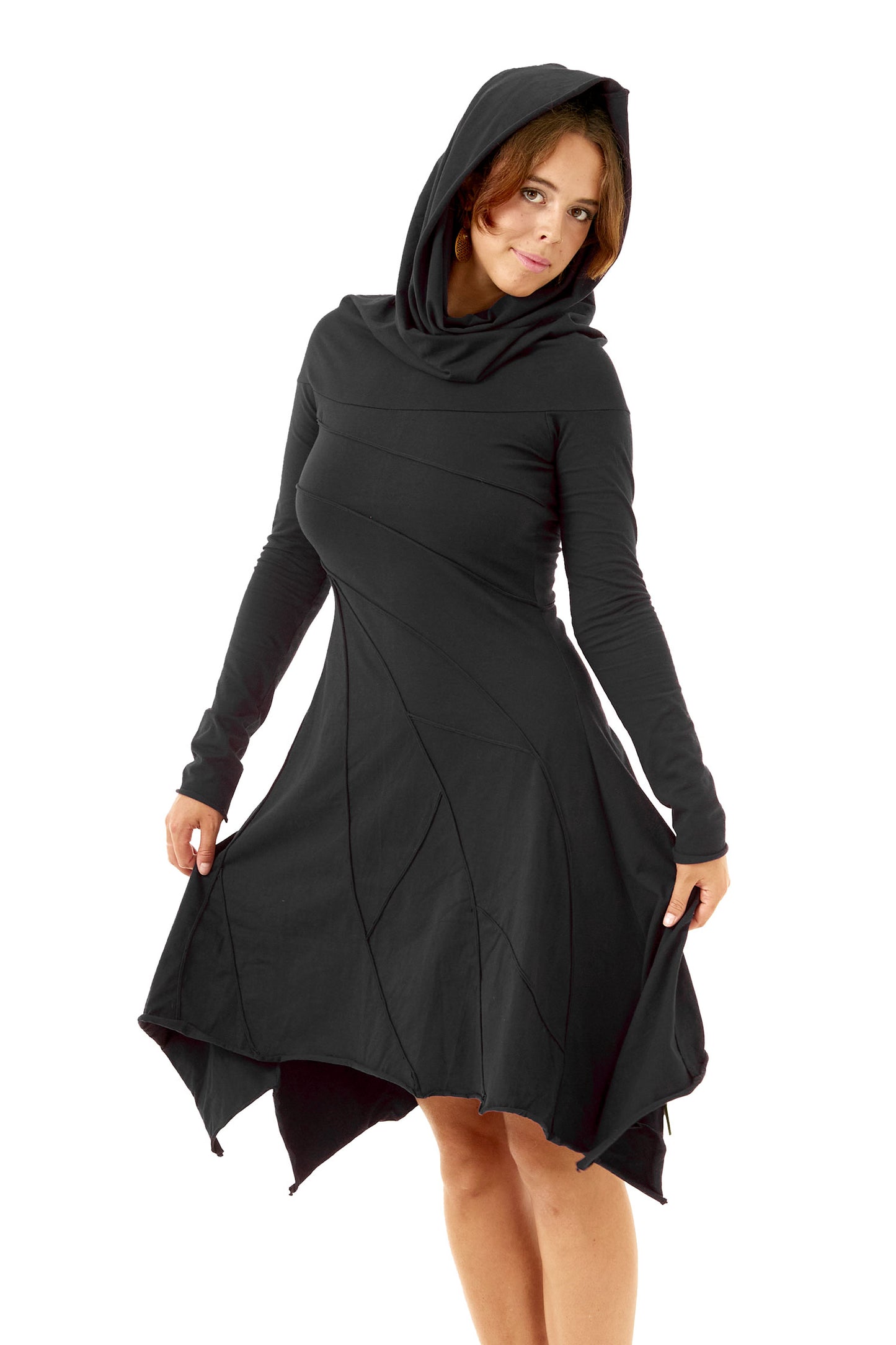 Long Sleeve Winter Leaf Dress With Hooded Cowl Neck