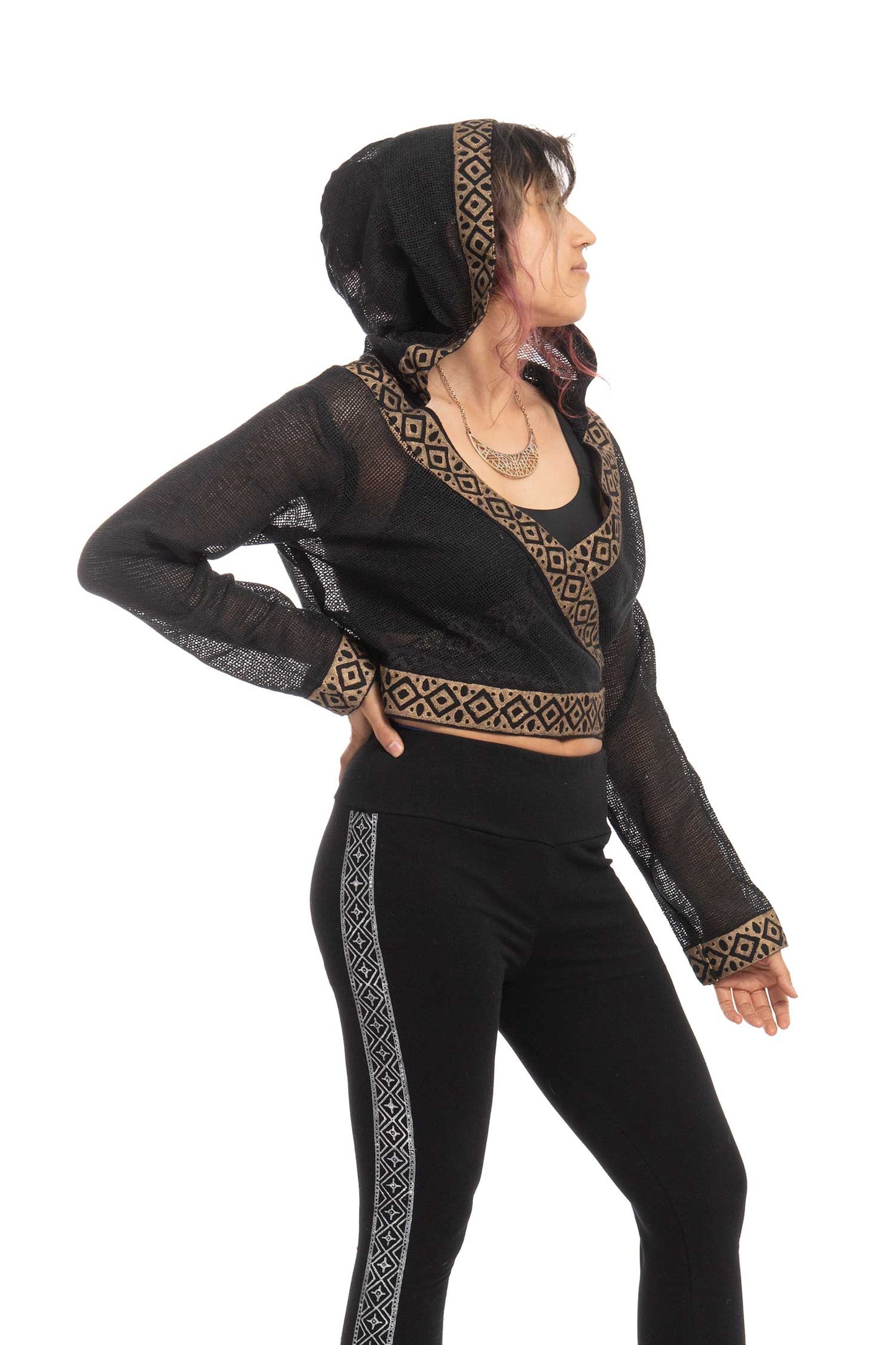 Boho Hand Block Print Wrap Hoodie for Spiritual Woman with Sheer Weave
