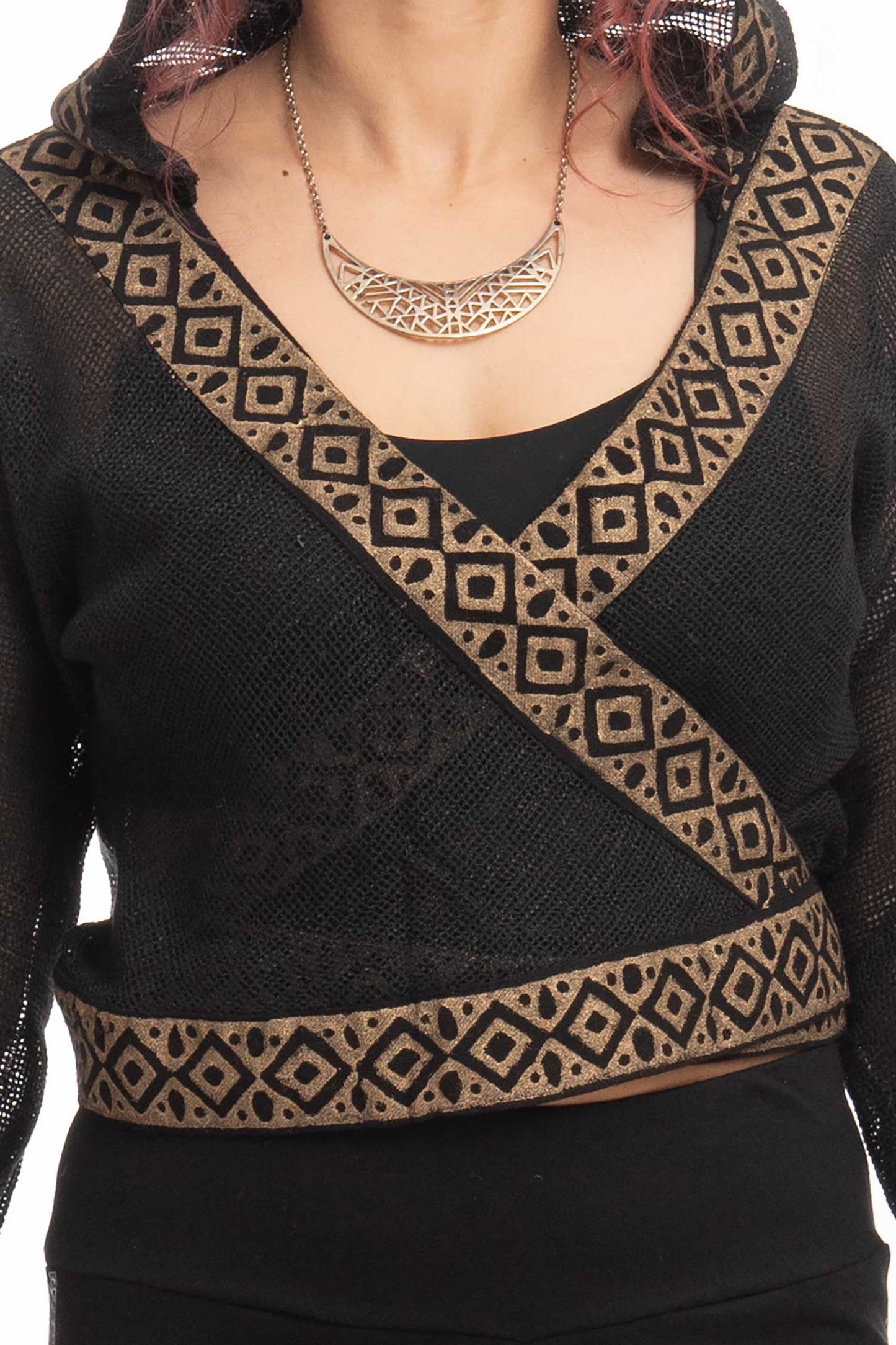 Boho Hand Block Print Wrap Hoodie for Spiritual Woman with Sheer Weave