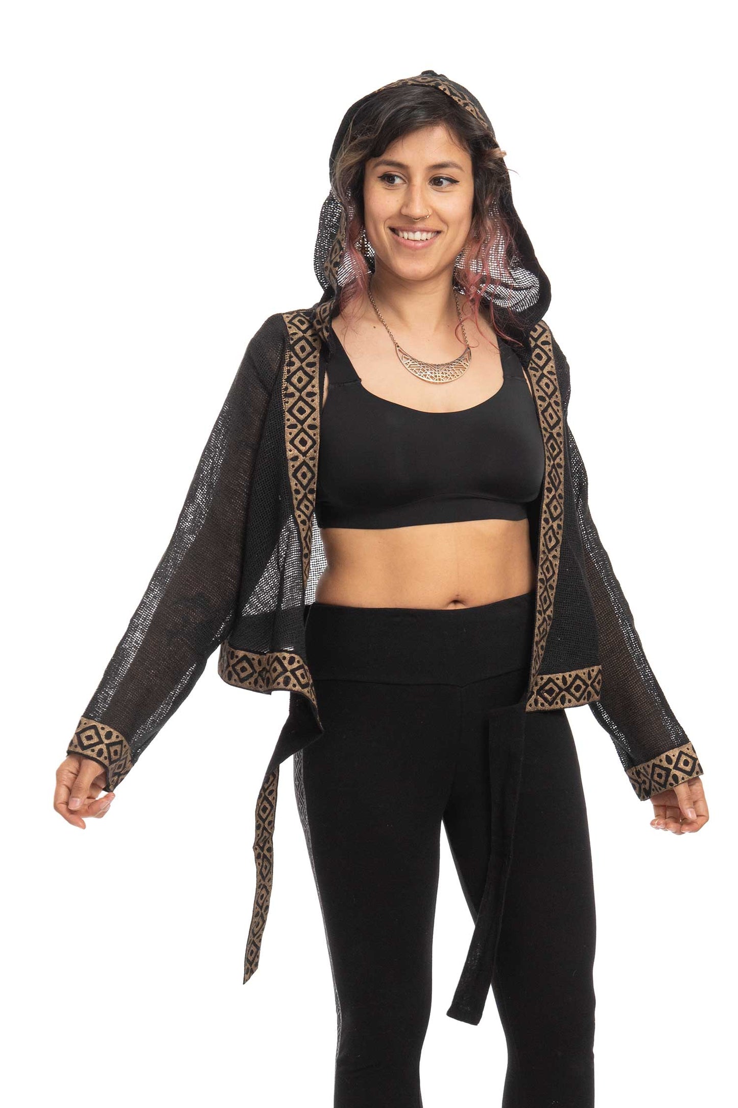 Boho Hand Block Print Wrap Hoodie for Spiritual Woman with Sheer Weave