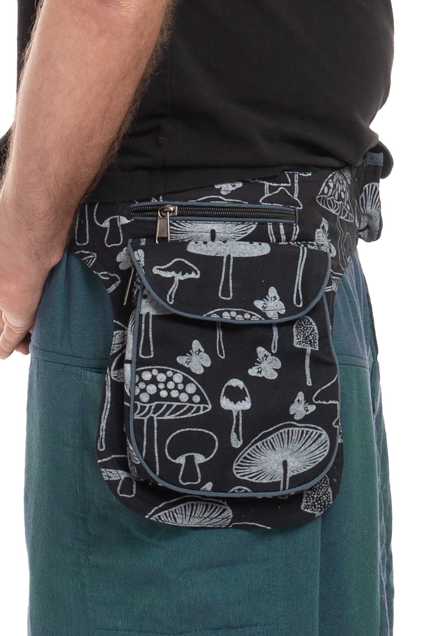 Mushroom Print Unisex Pocket Belt, Hippy Festival Clothing, Festival Utility Bag