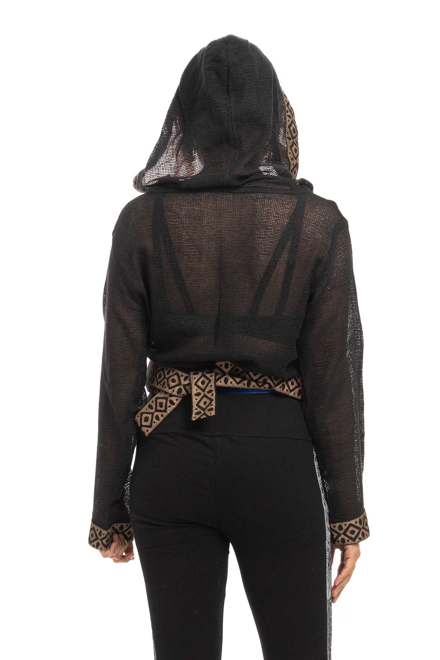 Boho Hand Block Print Wrap Hoodie for Spiritual Woman with Sheer Weave