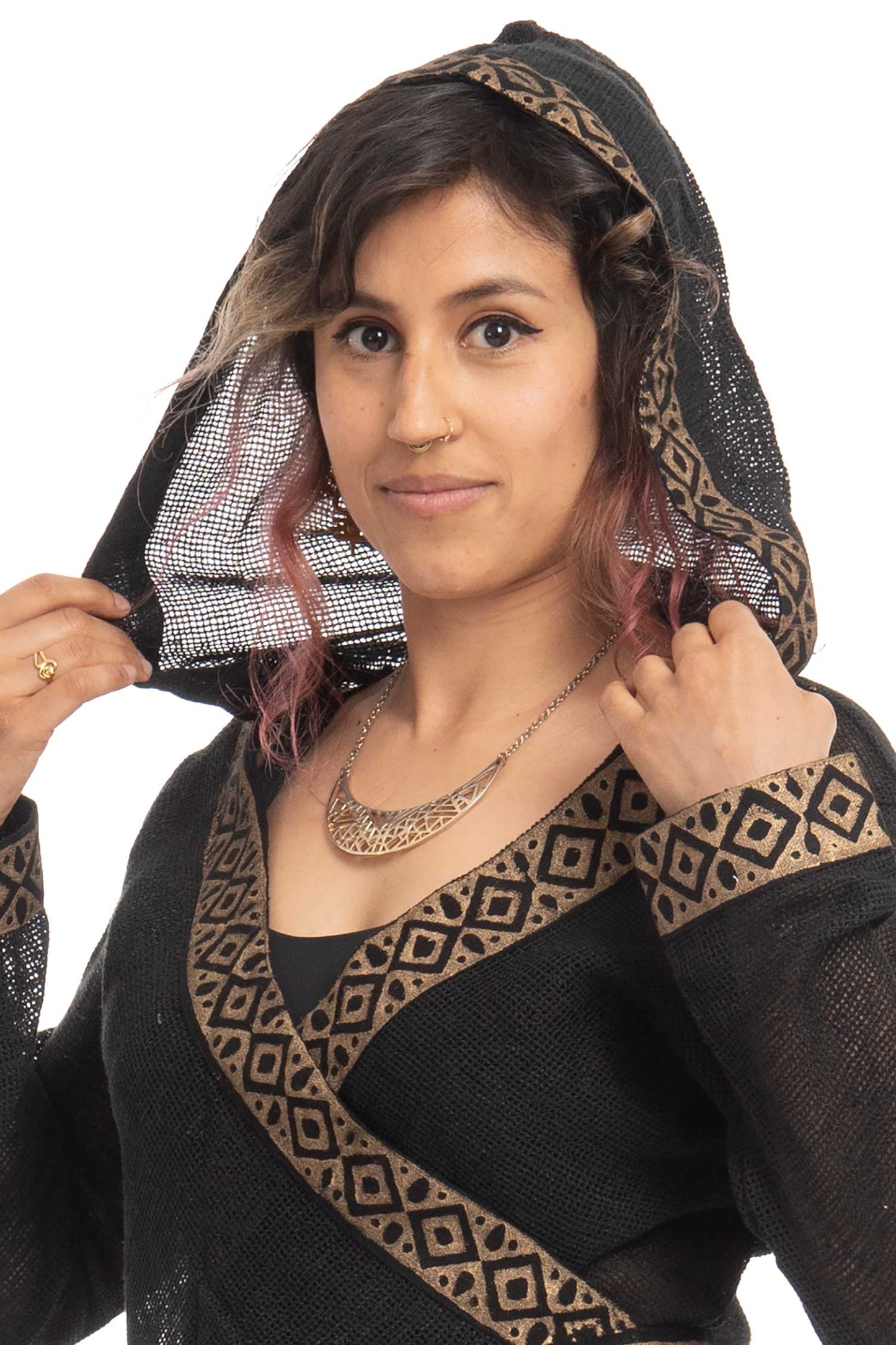 Boho Hand Block Print Wrap Hoodie for Spiritual Woman with Sheer Weave