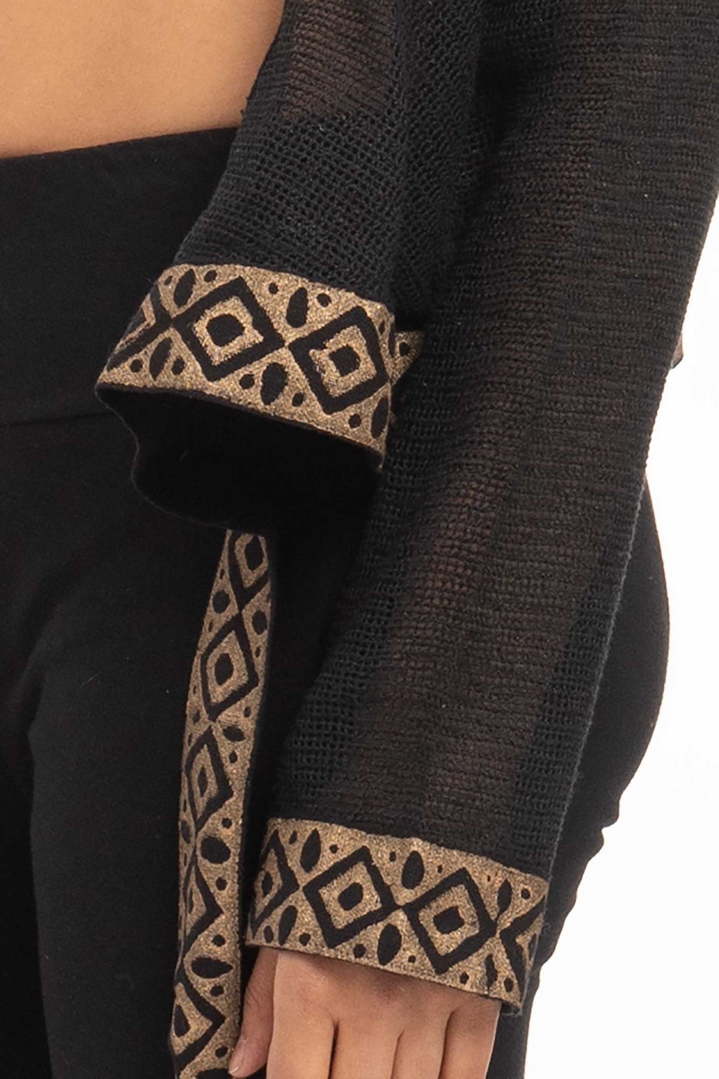 Boho Hand Block Print Wrap Hoodie for Spiritual Woman with Sheer Weave