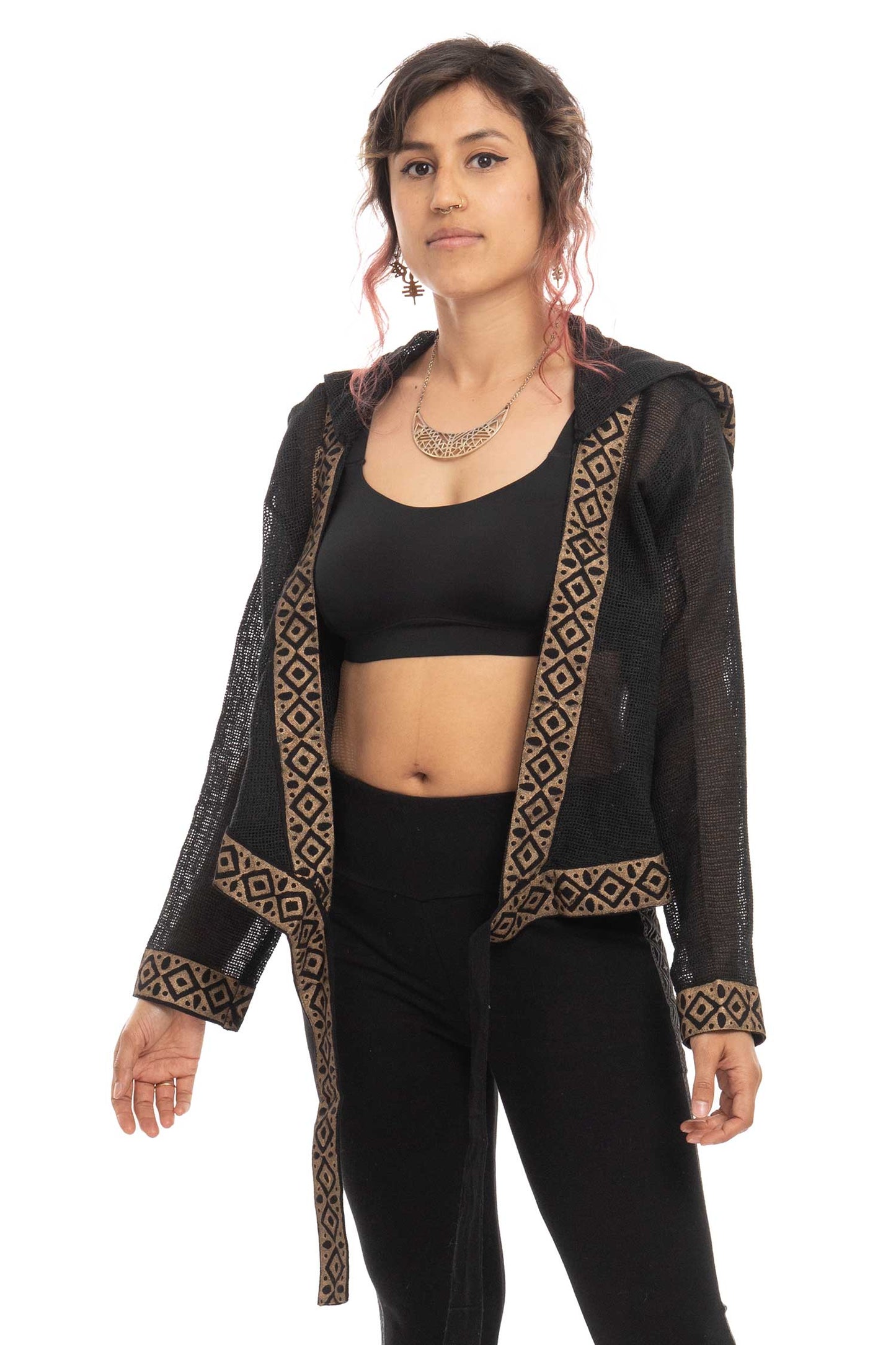 Boho Hand Block Print Wrap Hoodie for Spiritual Woman with Sheer Weave