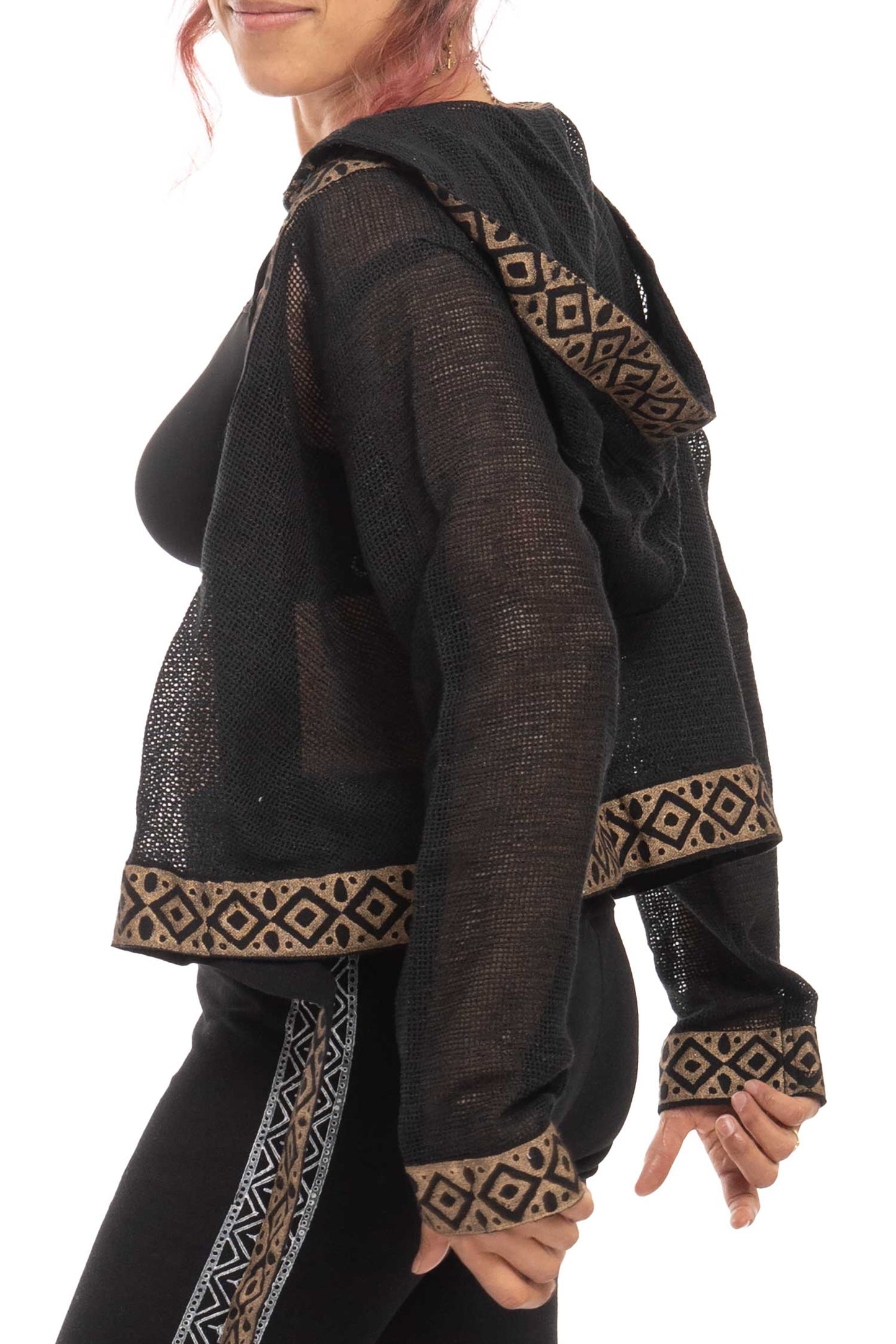 Boho Hand Block Print Wrap Hoodie for Spiritual Woman with Sheer Weave