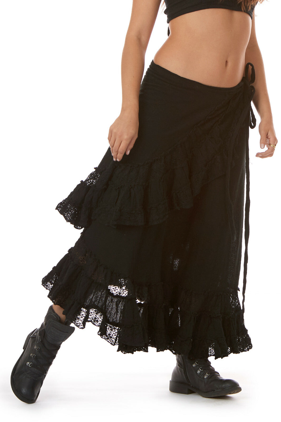 Jute and Lace Boho Wrap Skirt in Black
