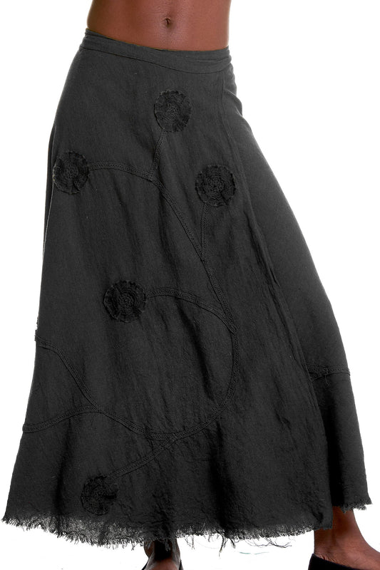 Long Jute Wrap Skirt With Applique Flowers in Black