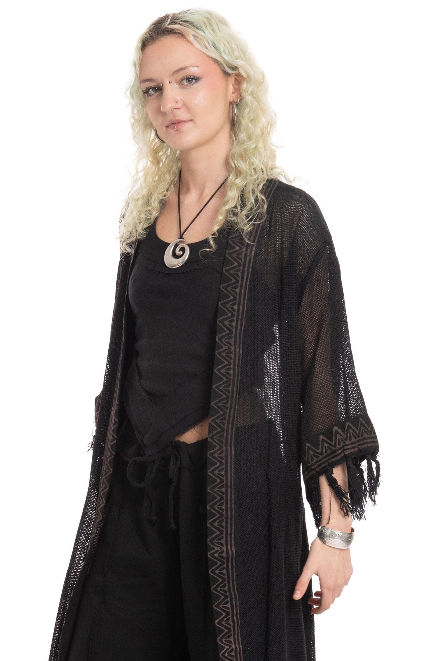 Sheer Hand Block Print Tribal Hippy Beach Kimono in Black for Boho Gothic Woman
