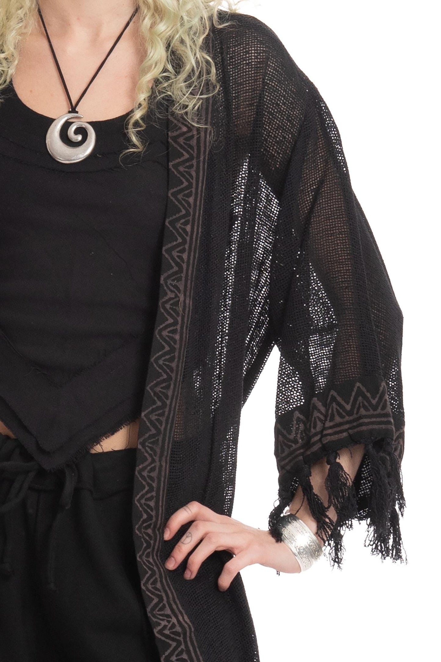 Sheer Hand Block Print Tribal Hippy Beach Kimono in Black for Boho Gothic Woman