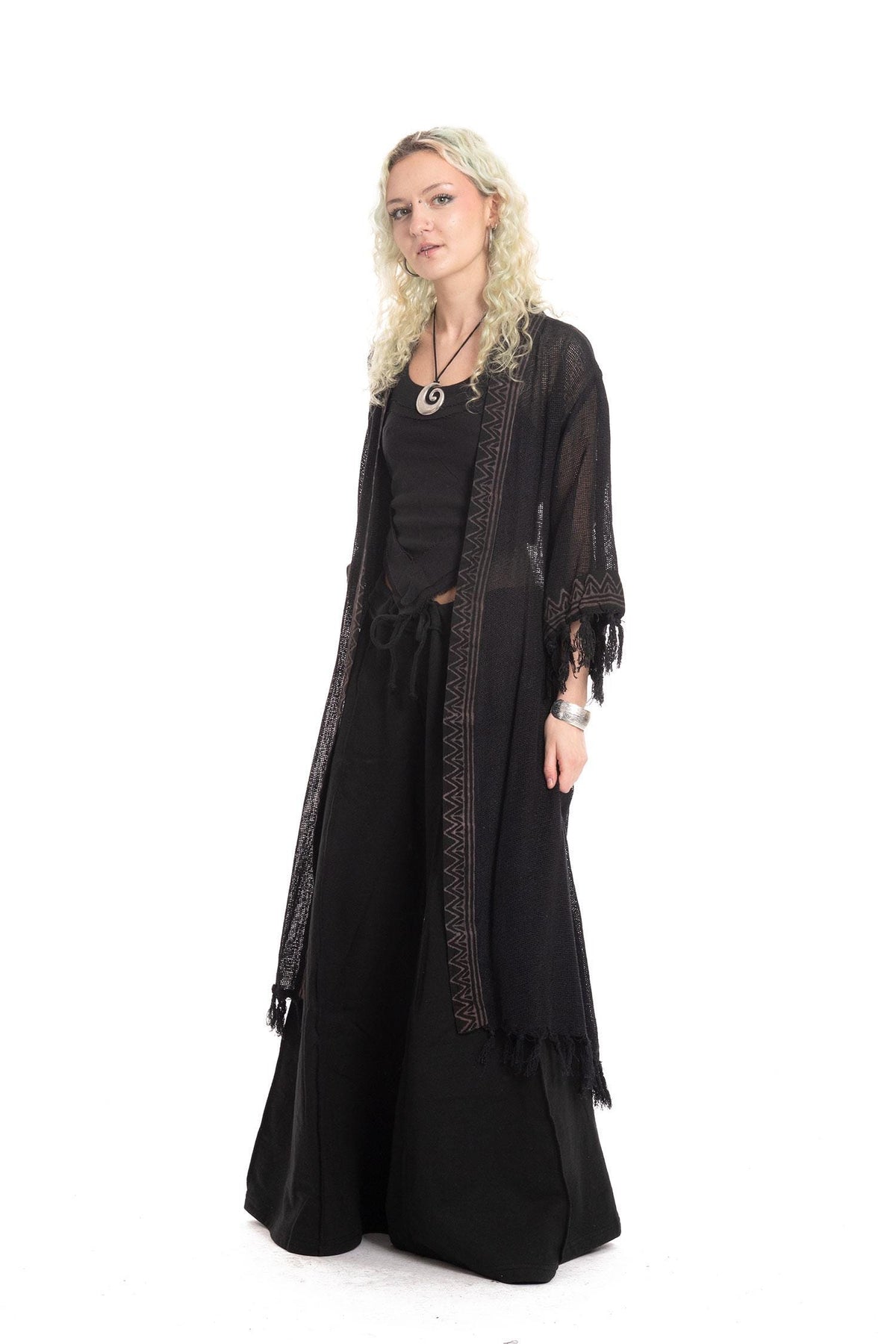 Sheer Hand Block Print Tribal Hippy Beach Kimono in Black for Boho Gothic Woman in Black