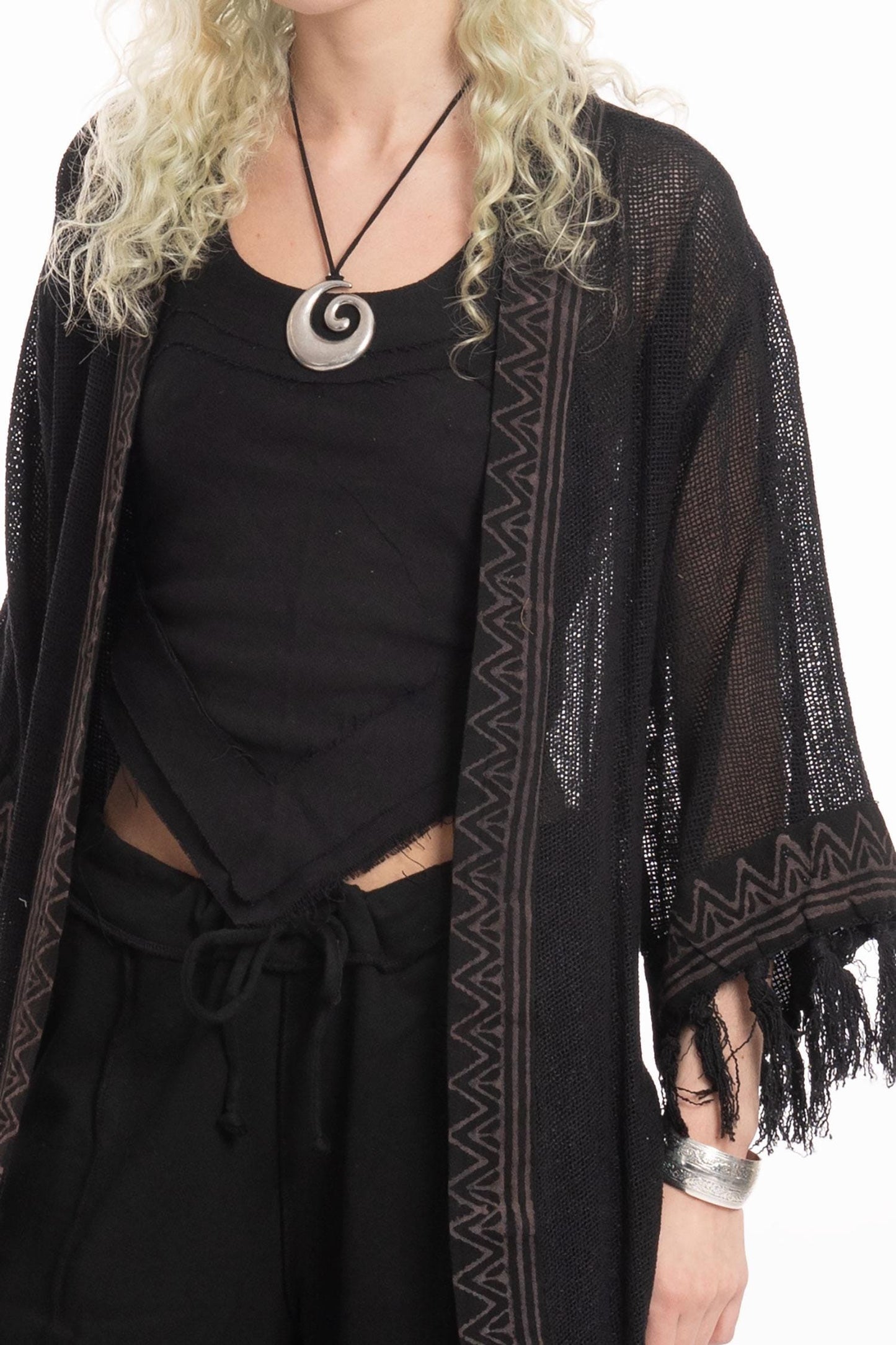 Sheer Hand Block Print Tribal Hippy Beach Kimono in Black for Boho Gothic Woman