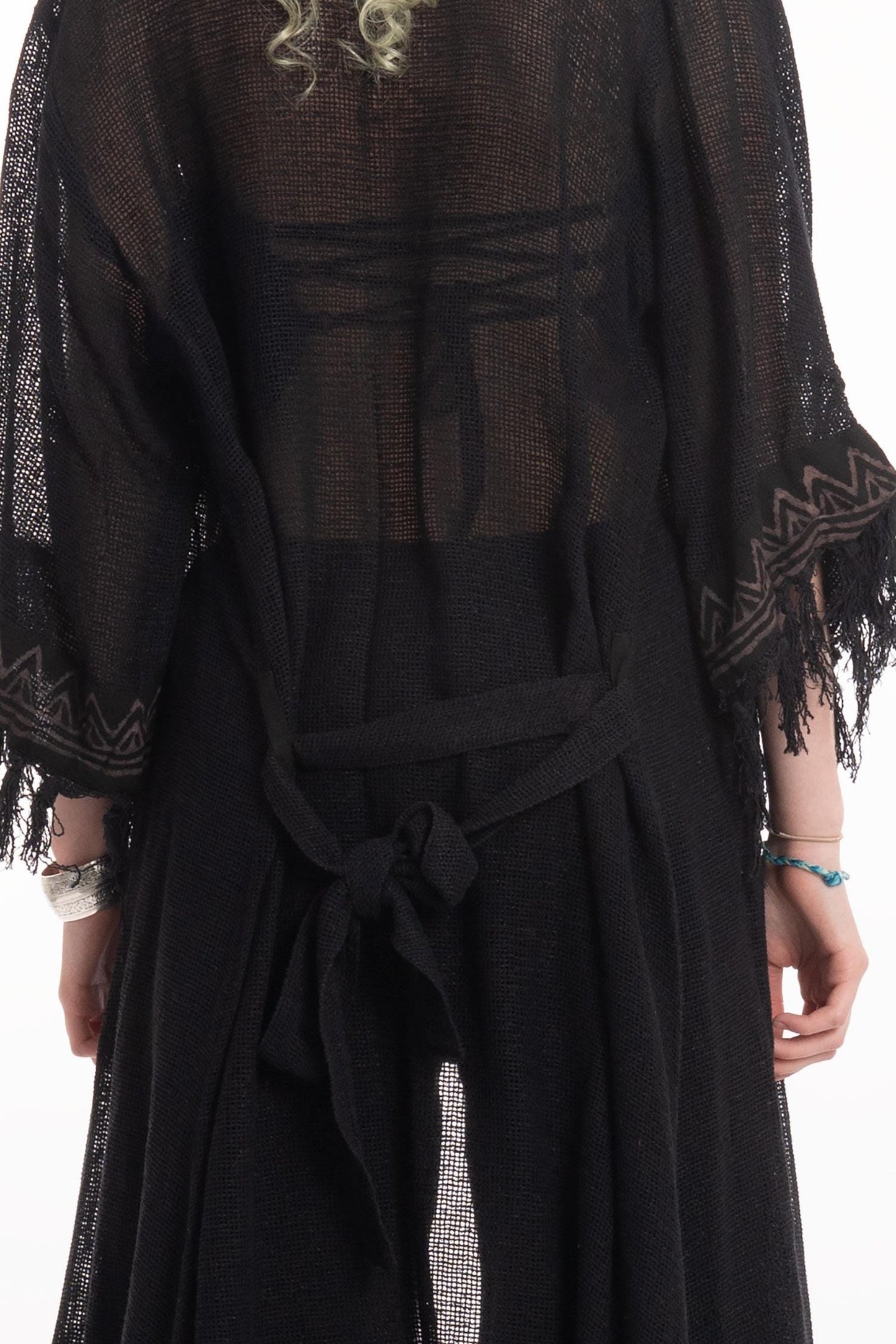 Sheer Hand Block Print Tribal Hippy Beach Kimono in Black for Boho Gothic Woman
