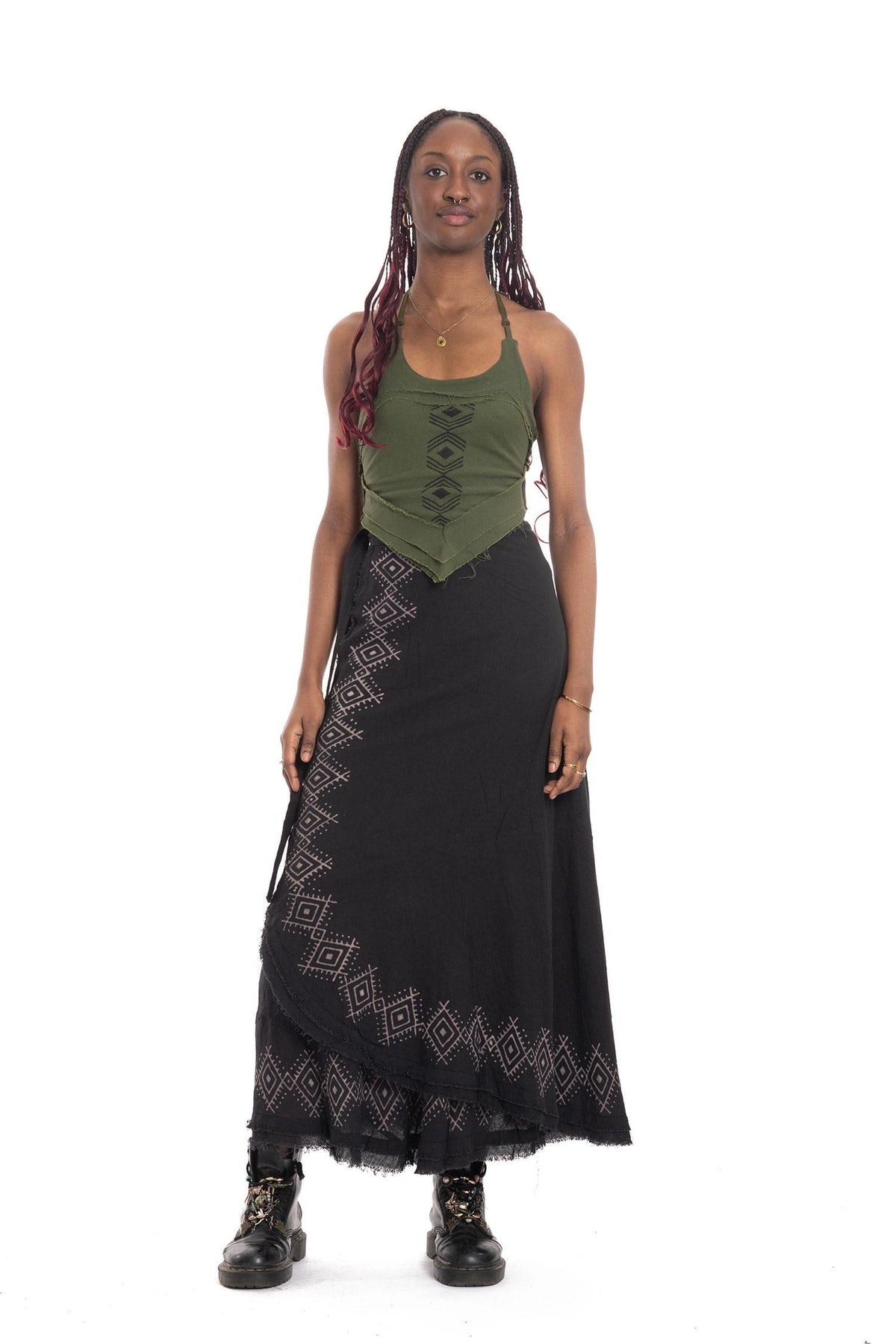 Hand Block Printed Goa Boho Hippy Jute Wrap Skirt in Black