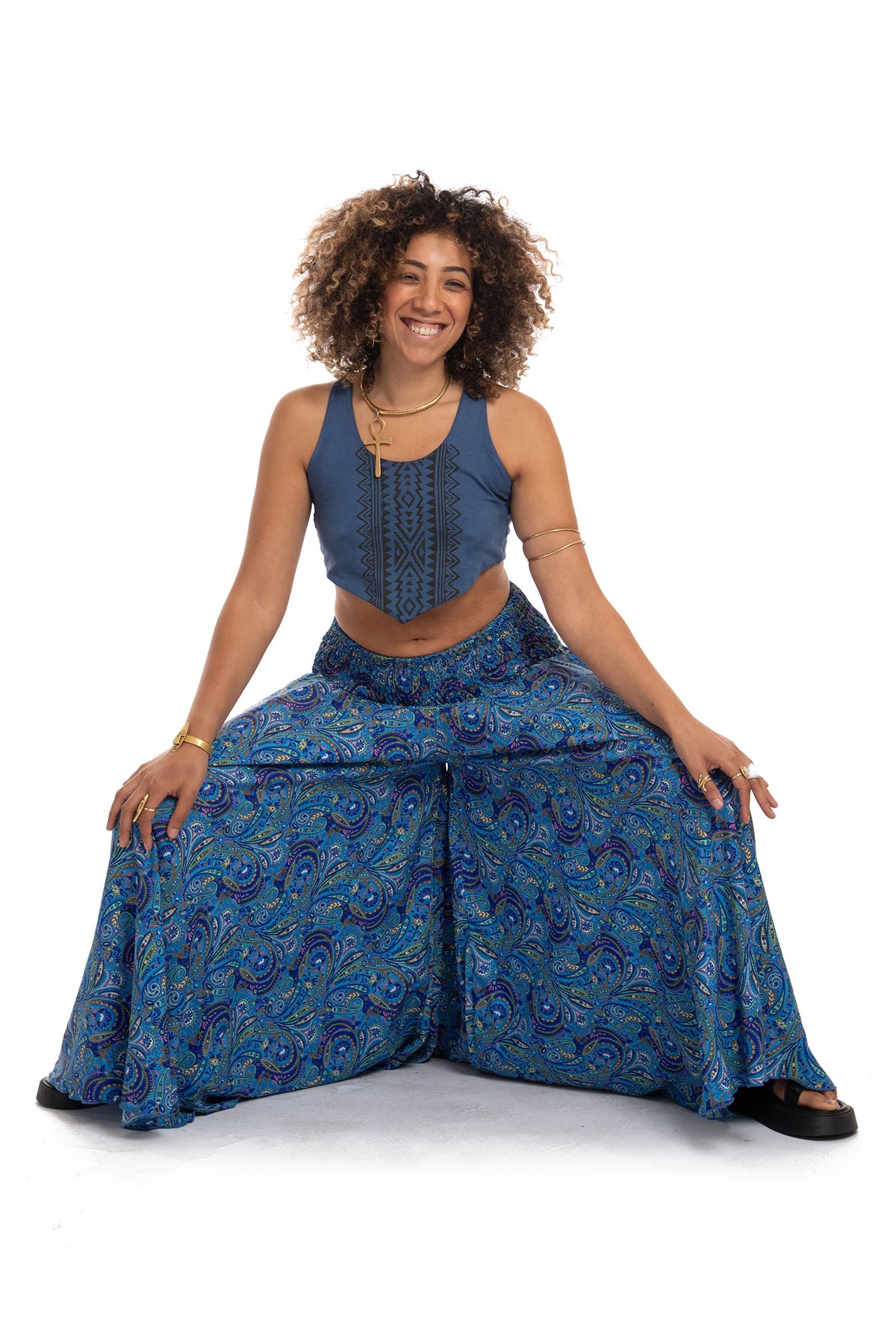 Ladies Wide Summer Flares, Floaty Bohemian Style Trousers, Beach Trousers in Blue — available in sizes S-M, M-L, 2XL