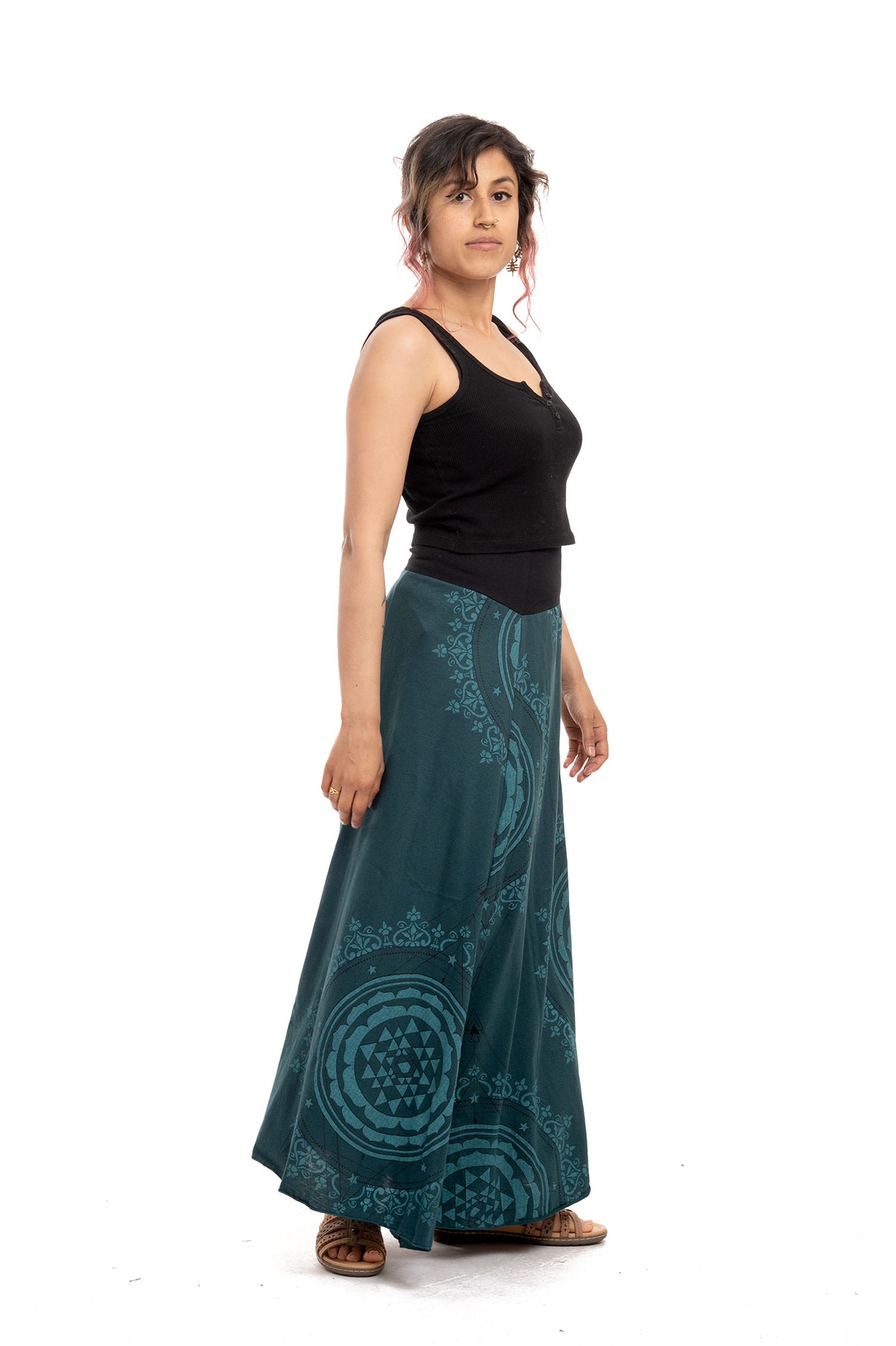 Long Cotton Sacred Geometry Skirt for Psy Trance Hippy Spiritual Woman in Blue — available in sizes S-M, M-L