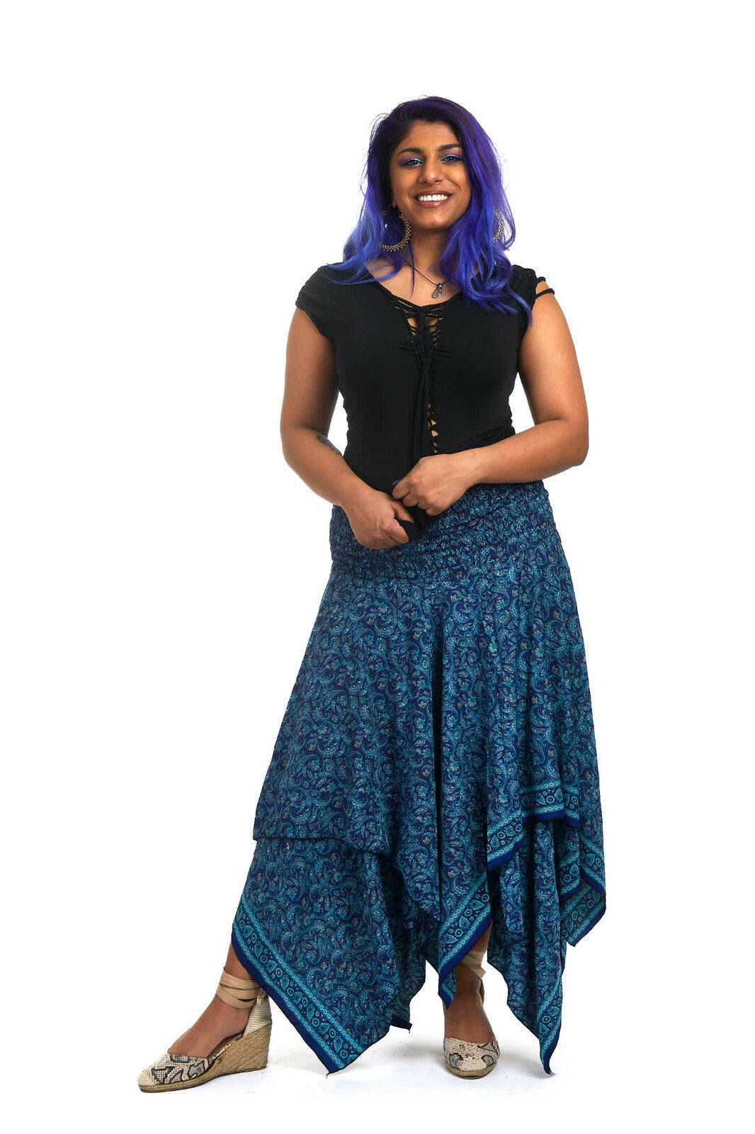 Floaty Feminine Hanky Hem Skirt for Bohemian Woman, Light Summer Skirt in Blue & Turquoise — available in sizes S-M, XL