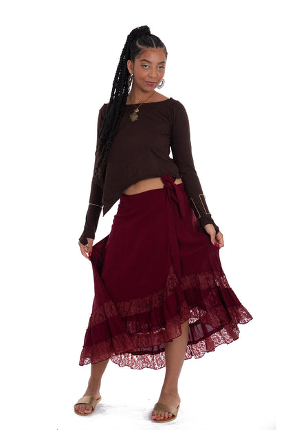 Dark Red Cotton Lace Wrap Skirt