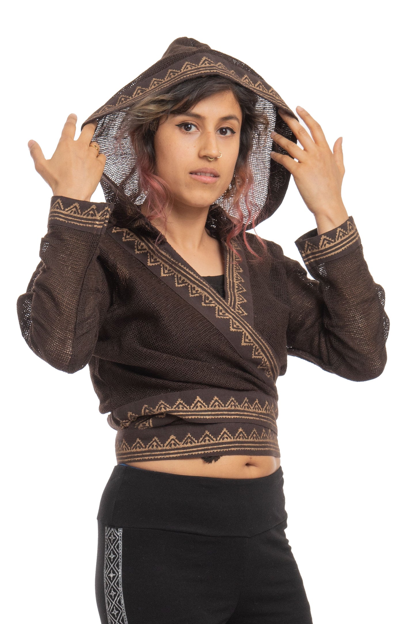 Boho Hand Block Print Wrap Hoodie for Spiritual Woman with Sheer Weave
