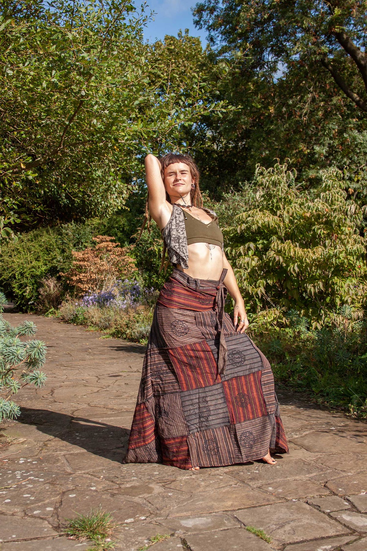 Long Earthy Patchwork Skirt in Brown