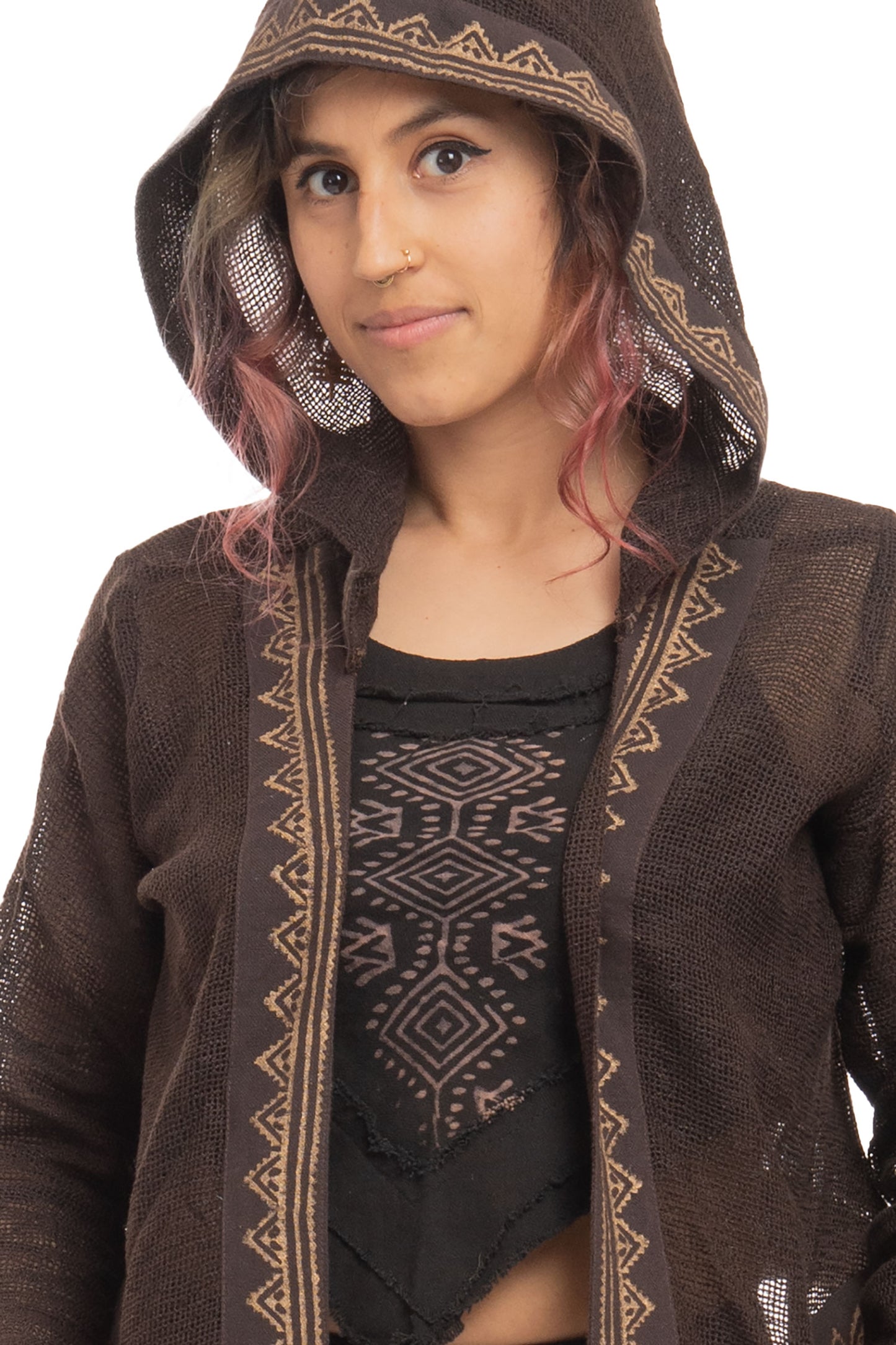 Boho Hand Block Print Wrap Hoodie for Spiritual Woman with Sheer Weave
