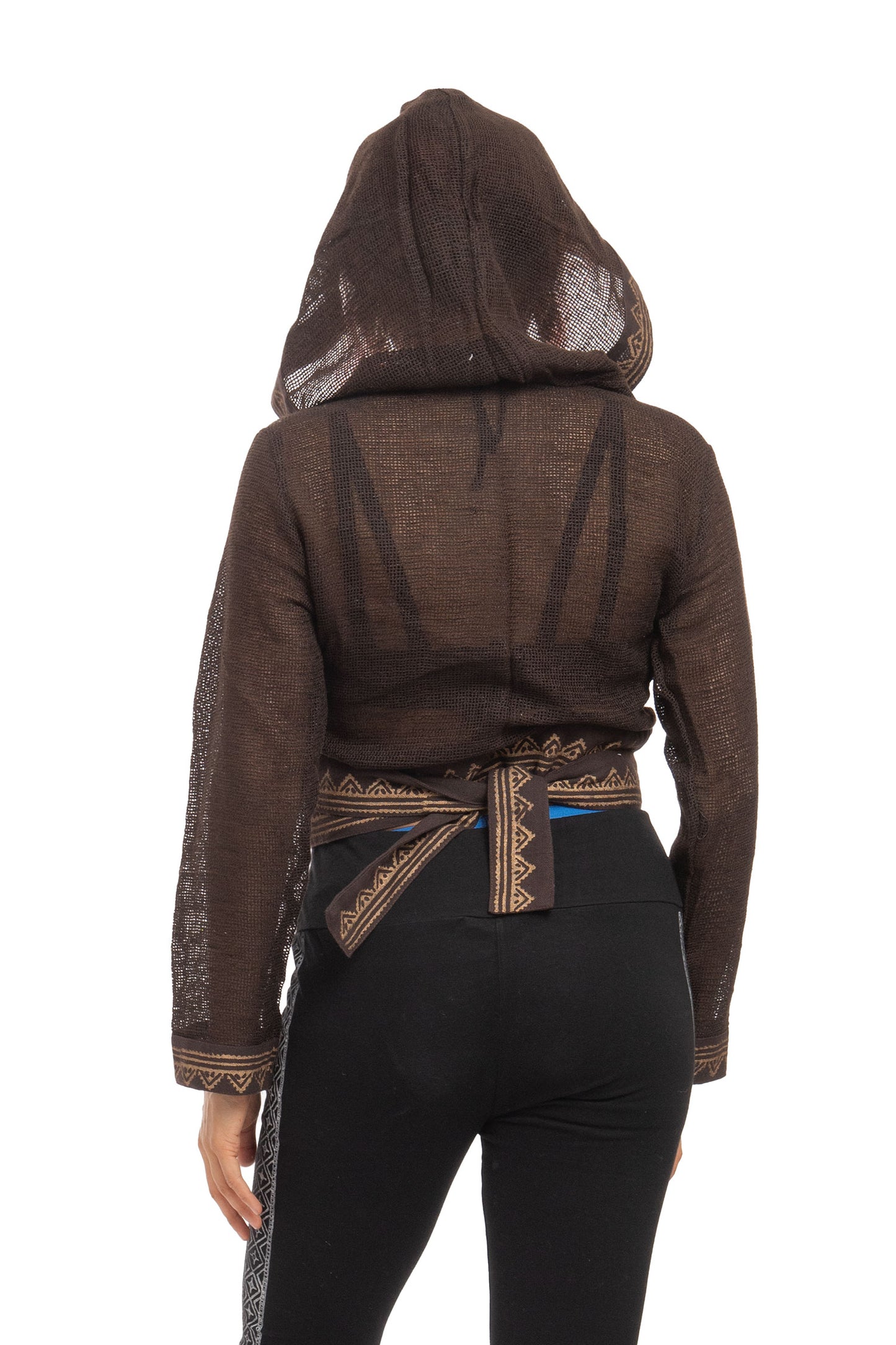 Boho Hand Block Print Wrap Hoodie for Spiritual Woman with Sheer Weave