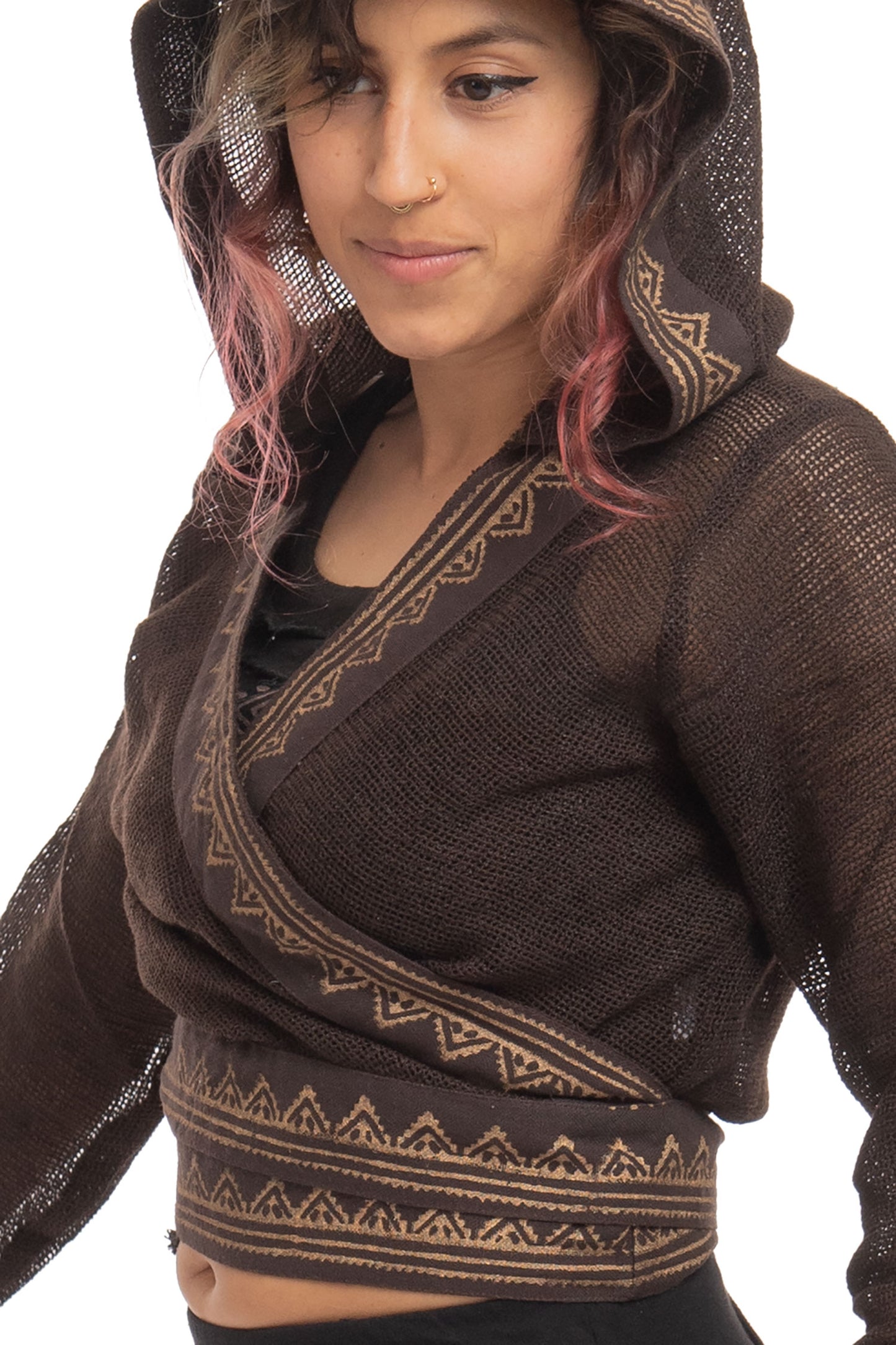 Boho Hand Block Print Wrap Hoodie for Spiritual Woman with Sheer Weave