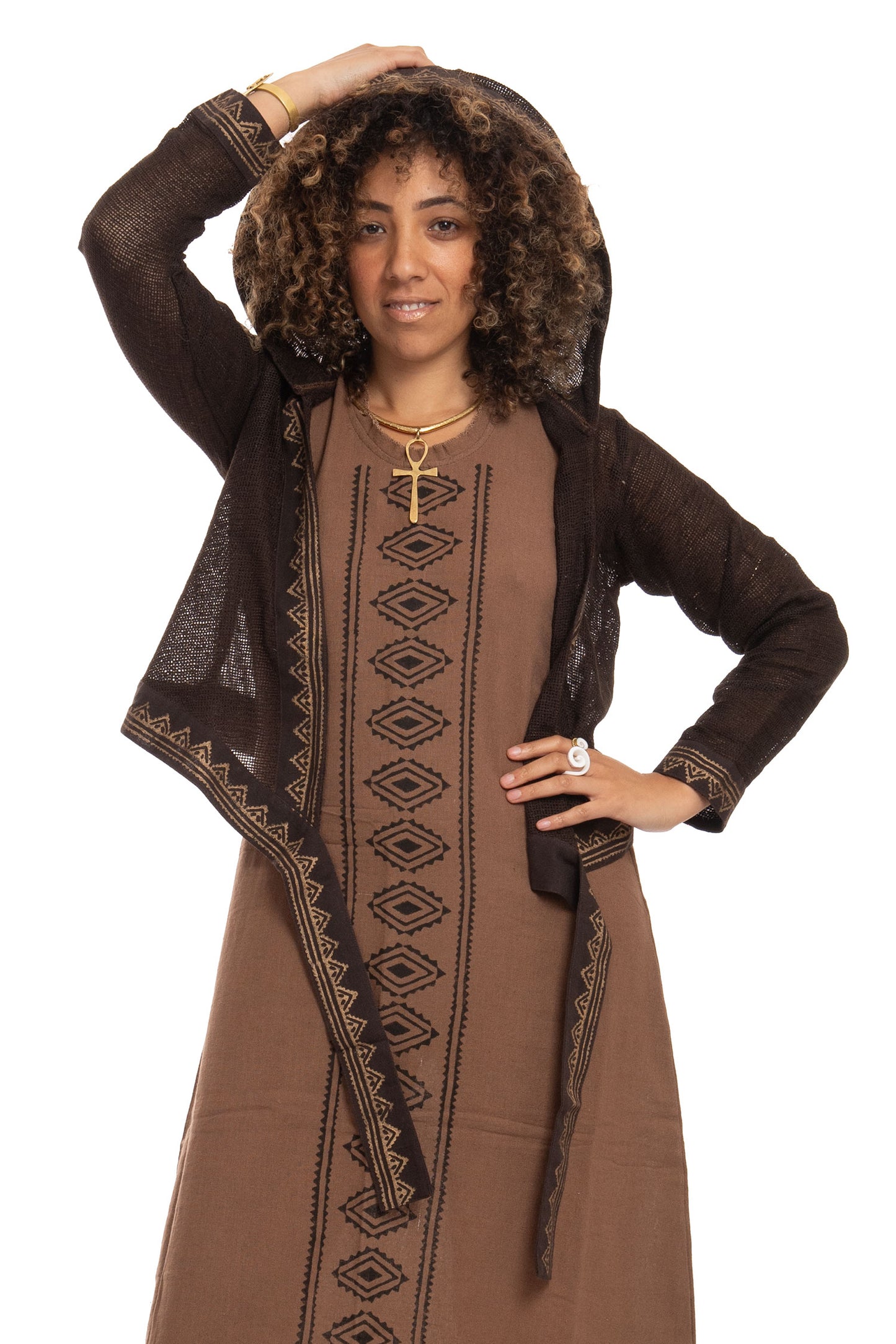 Boho Hand Block Print Wrap Hoodie for Spiritual Woman with Sheer Weave