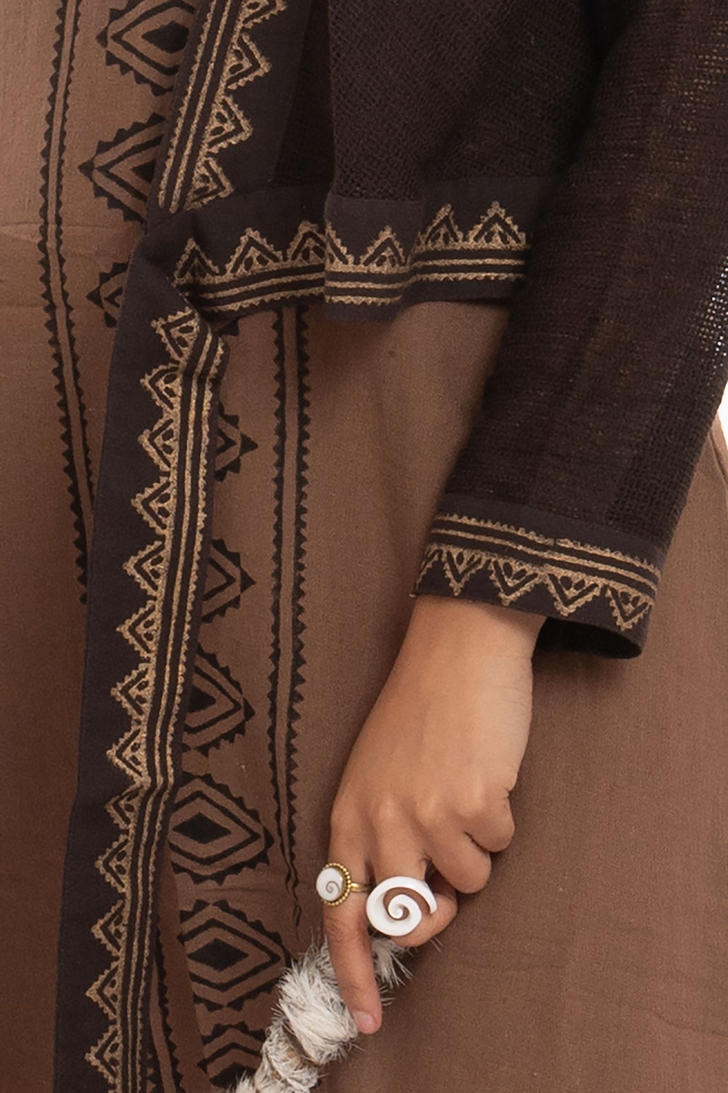 Boho Hand Block Print Wrap Hoodie for Spiritual Woman with Sheer Weave