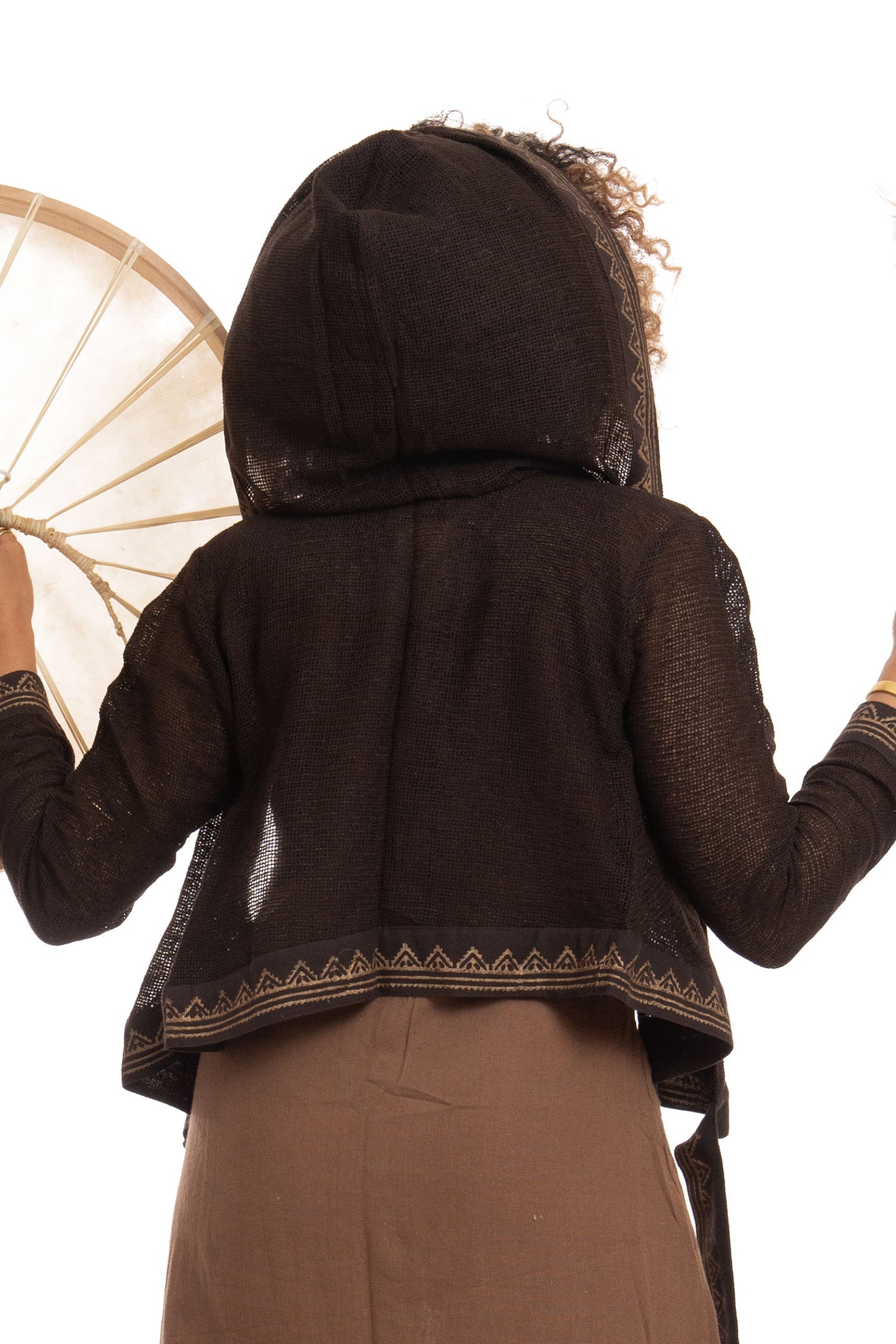 Boho Hand Block Print Wrap Hoodie for Spiritual Woman with Sheer Weave