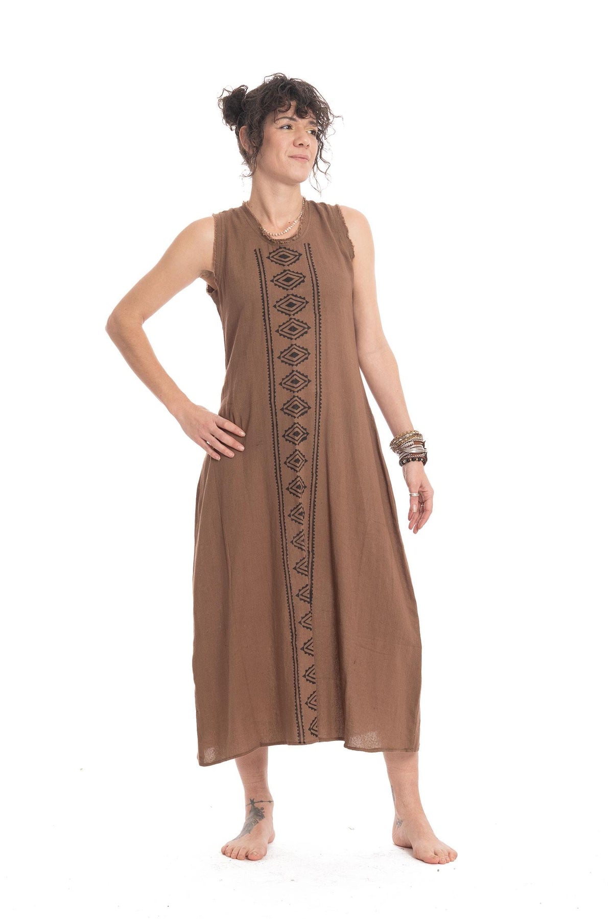 Hand Blocked Tribal Goa Natural Dress for Bohemian Hippy Woman in Brown — available in sizes S-M, M-L